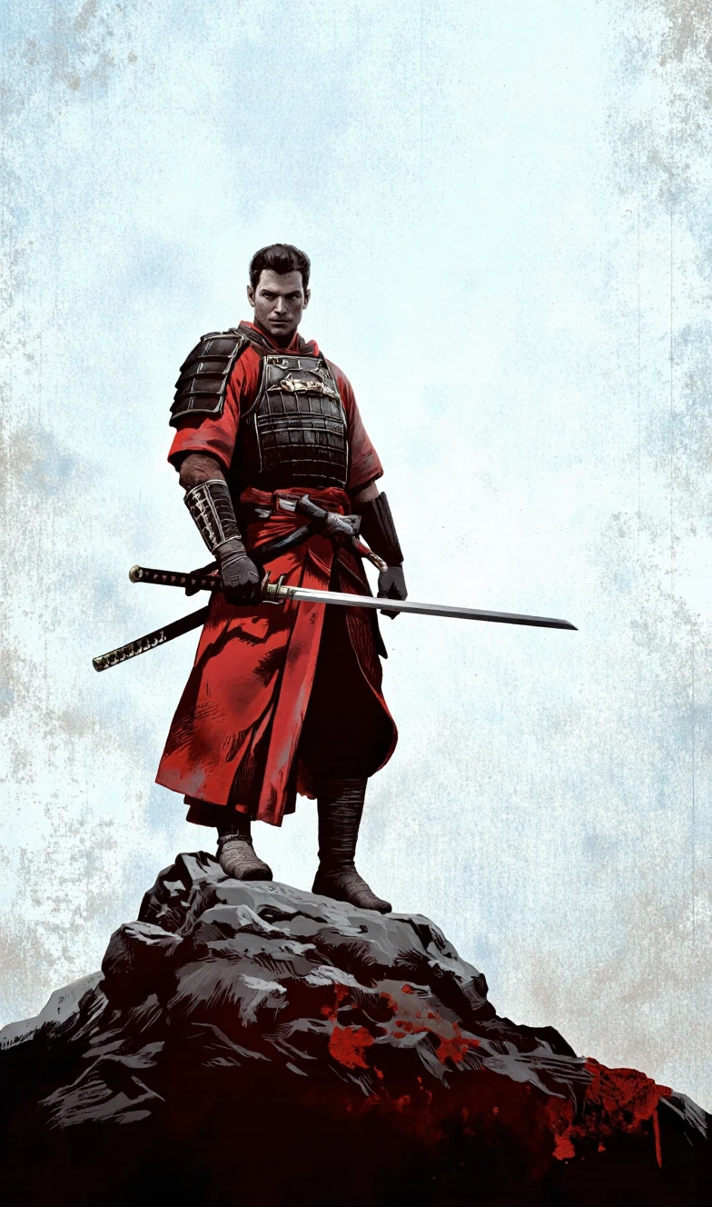 A digital illustration shoot from a low angle about a silhouette of a samurai standing atop a hill, holding a katana, in a dynamic pose. the image also shows a warrior in full armor, standing confidently on a rocky terrain with a determined expression. on the middle of the image, a muscular man with short, dark hair and a determined look, appears to be in his mid-twenties, wearing a long, flowing red robe that reaches down to his knees. he is standing with his full body facing the viewer, and his eyes are focused intently on something in the distance. his armor is detailed with intricate patterns and designs, and he is equipped with two swords, one on each side of his body, which he holds in his right hand. the background is a gradient of light blue and white, with a rough, textured surface that gives the image a sense of depth and texture. the overall color scheme is predominantly red and black, with some hints of white and gray, creating a striking contrast.