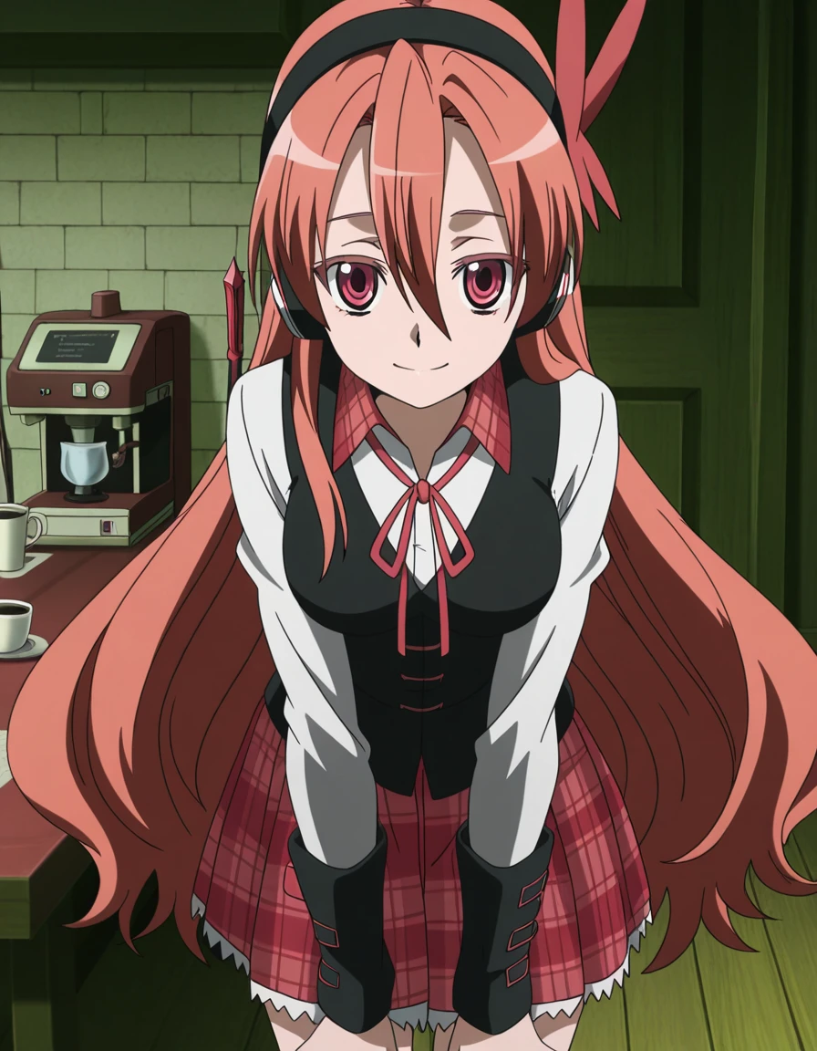 masterpiece, best quality, amazing quality,, <lora:agk-chelsea-s1-illustriousxl-lora-nochekaiser:1>, chelsea, chelsea (akame ga kill!), pink eyes, hair between eyes, long hair, pink hair, straight hair, mature female, medium breasts, anime screencap, collared shirt, diagonal stripes, dress shirt, hair ornament, headphones, long sleeves, neck ribbon, plaid, plaid skirt, pleated skirt, red ribbon, red skirt, ribbon, shirt, skirt, striped, vest, white shirt, wing collar,, hands on own knees, staff room, table, chairs, coffee_machine, relaxation, cowboy shot, solo, looking at viewer,