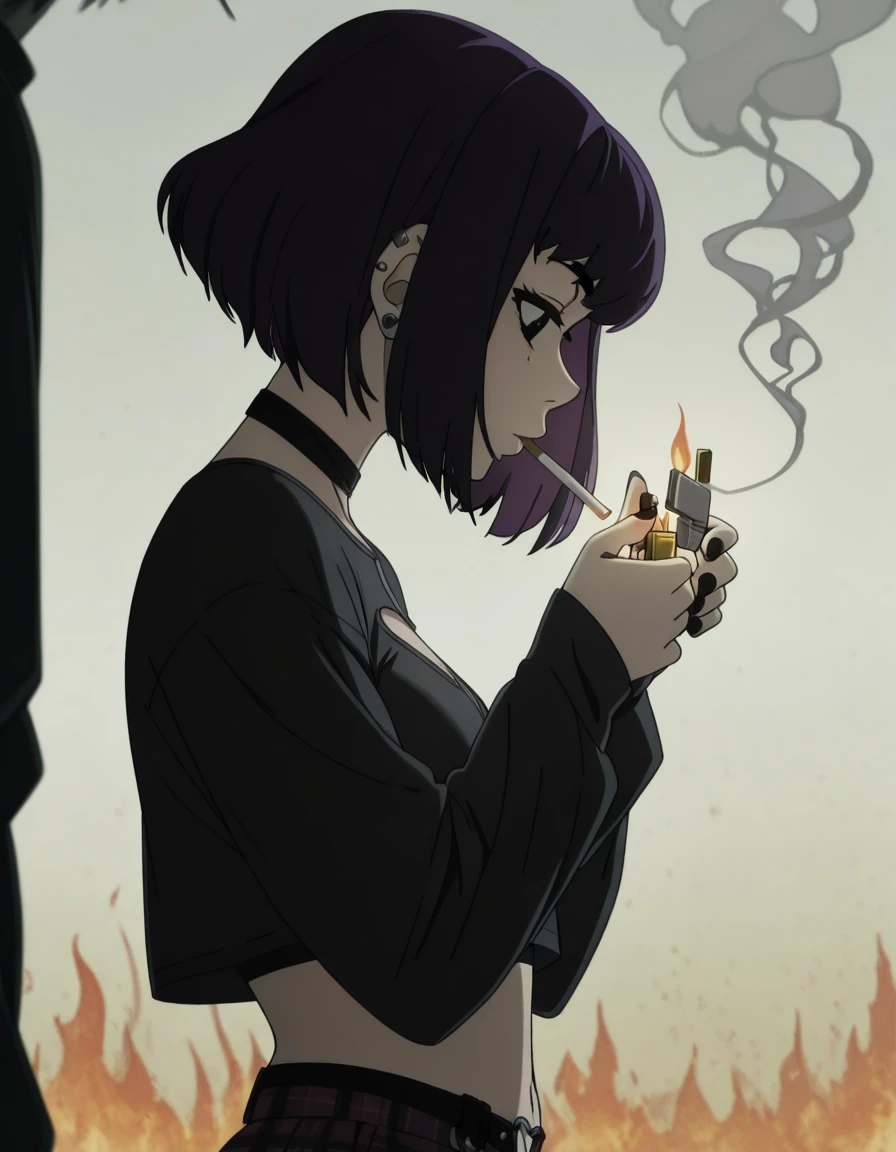 masterpiece, best quality, amazing quality,, <lora:lazarus-eleina-s1-illustriousxl-lora-nochekaiser:1>, lazarus eleina, short hair, black hair, black eyes, two-tone hair, colored inner hair, purple hair, bangs, mature female, small breasts, anime screencap, <lora:emo-fashion-illustriousxl-lora-nochekaiser:1>, emo fashion, alternate costume, barbell piercing, black nails, clothing cutout, cropped shirt, ear piercing, earrings, goth fashion, heart o-ring, industrial piercing, jewelry, long sleeves, miniskirt, multiple piercings, nail polish, o-ring, o-ring thigh strap, piercing, plaid clothes, plaid skirt, skirt, thigh strap, <lora:lighting-cigarette-illustriousxl-lora-nochekaiser:1>, lighting cigarette, lighter, holding lighter, cigarette, smoking, fire, smoke, holding, upper body, from side,, ,