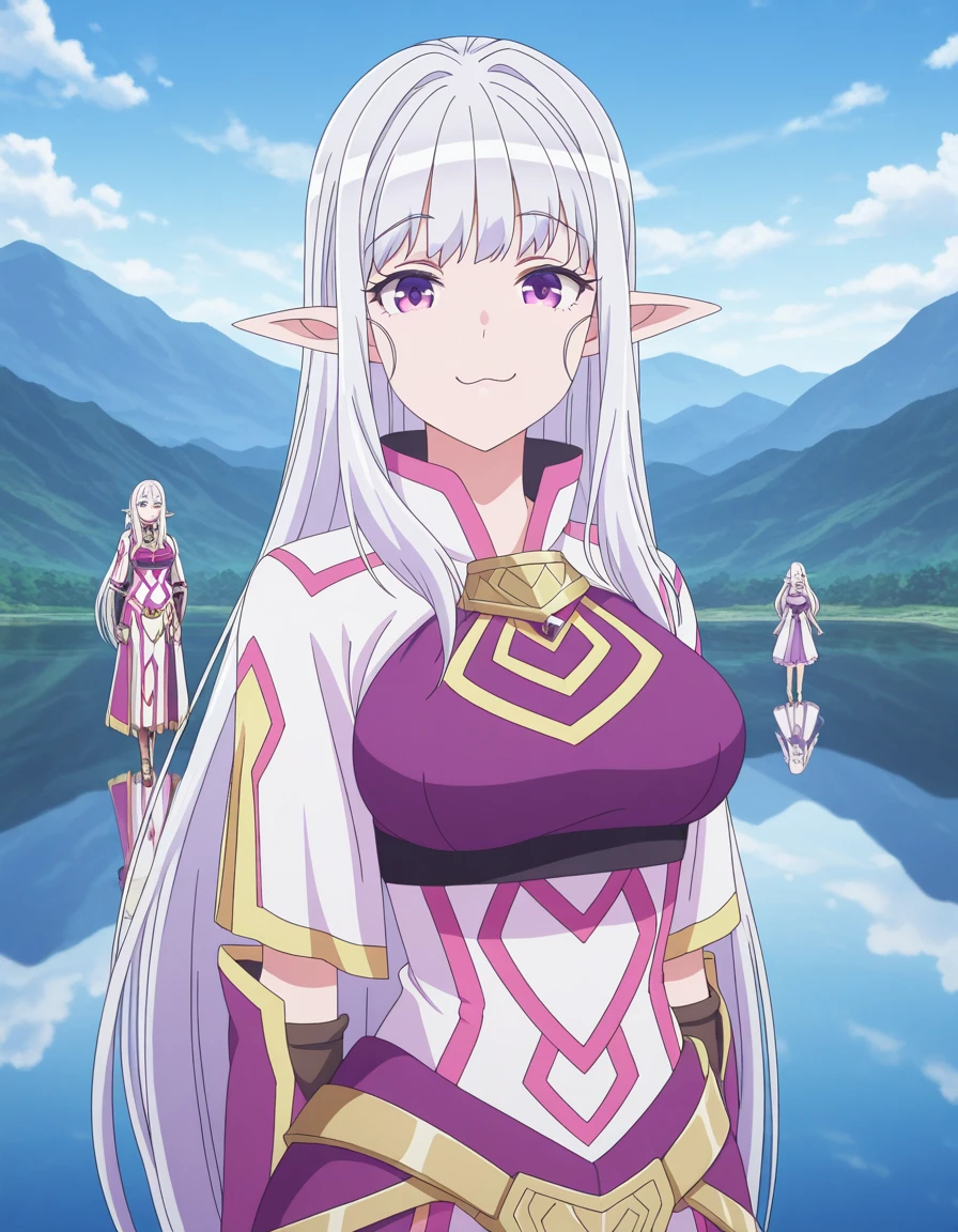 masterpiece, best quality, amazing quality,, <lora:mariabelle-s1-illustriousxl-lora-nochekaiser:1>, mariabelle, long hair, very long hair, purple eyes, white hair, grey hair, pointy ears, elf, mature female, medium breasts, anime screencap, dress, armor, white dress, two-tone dress, purple dress, high collar, , smug, lake, water, reflection, mountains, calm, cowboy shot, solo, looking at viewer,