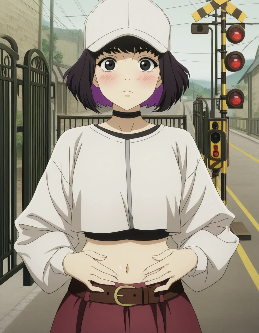 masterpiece, best quality, amazing quality,, <lora:lazarus-eleina-s1-illustriousxl-lora-nochekaiser:1>, lazarus eleina, short hair, black hair, black eyes, two-tone hair, colored inner hair, purple hair, bangs, mature female, small breasts, anime screencap, skirt, long sleeves, hat, belt, white headwear, baseball cap, cropped shirt, navel, hands on stomach, blush,, railroad crossing, sign, gate, train, street, cowboy shot, solo, looking at viewer,