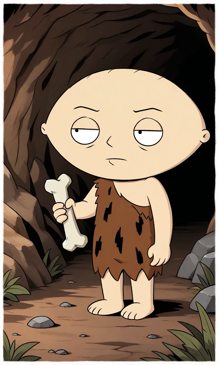 solo,stewie griffin,1boy,chibi,bald,torn clothes, animal print, holding bone,barefoot,caveman,outdoors, cave fashion,cave age,stone age