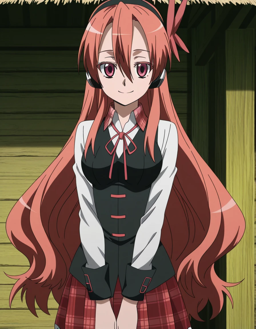 masterpiece, best quality, amazing quality,, <lora:agk-chelsea-s1-illustriousxl-lora-nochekaiser:1>, chelsea, chelsea (akame ga kill!), pink eyes, hair between eyes, long hair, pink hair, straight hair, mature female, medium breasts, anime screencap, collared shirt, diagonal stripes, dress shirt, hair ornament, headphones, long sleeves, neck ribbon, plaid, plaid skirt, pleated skirt, red ribbon, red skirt, ribbon, shirt, skirt, striped, vest, white shirt, wing collar,, smile, hut, small, rural, wood, shelter, cowboy shot, solo, looking at viewer,