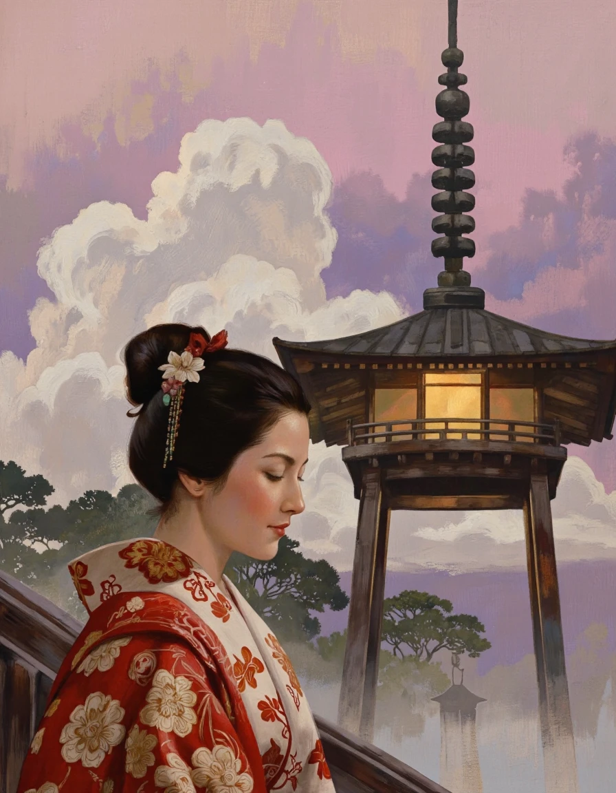 By Miles Hyman. A painting of a young Asian woman in a traditional japanese kimono with a floral pattern, standing in profile with her back to the viewer, facing away from the viewer. she is wearing a red and white patterned shawl with intricate designs, and her hair is styled in a bun with a single flower in her hair. the woman is standing in front of a traditional Japanese pagoda with a tall, ornate roof and a glowing lantern, emitting a warm, golden light. the background is a soft, pastel pink and purple sky with fluffy white clouds, creating a peaceful and serene atmosphere. the painting is done in a realistic style with soft, muted colors, and the woman appears to be in a contemplative pose, with her eyes closed and a slight smile on her face. the overall mood is peaceful and tranquil, evoking a sense of serenity and tranquility.