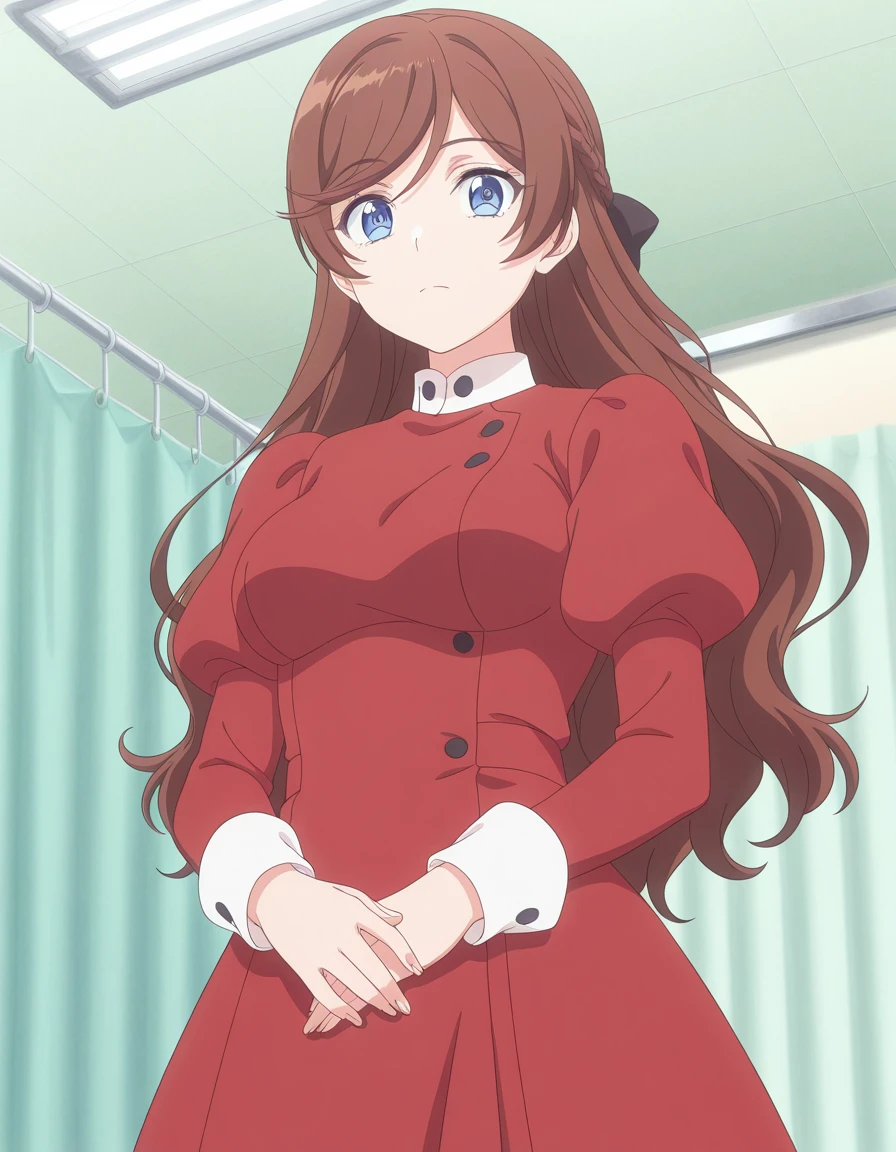 masterpiece, best quality, amazing quality,, <lora:kanpekiseijo-elizabeth-s1-illustriousxl-lora-nochekaiser:1>, kanpekiseijo elizabeth, long hair, blue eyes, brown hair, braid, hair bow, black bow, mature female, medium breasts, anime screencap, long sleeves, dress, puffy sleeves, red dress, juliet sleeves, from below, infirmary, bed, medical_supplies, nurse, first_aid, cowboy shot, solo, looking at viewer,