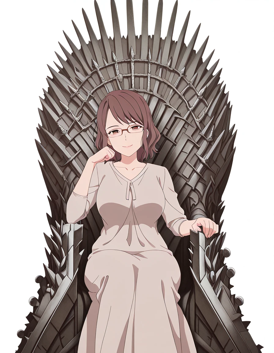 masterpiece, best quality, amazing quality,, <lora:yuuri-makuwa-s1-illustriousxl-lora-nochekaiser:1>, yuuri makuwa, short hair, brown hair, glasses, medium hair, brown eyes, mature female, breasts, anime screencap, <lora:iron-throne-illustriousxl-lora-nochekaiser:1>, iron throne, sitting, looking at viewer, sword, throne, sitting on throne, smile, elbow rest, , <lora:transparent-background-illustriousxl-lora-nochekaiser:1>, transparent background, simple background, white background