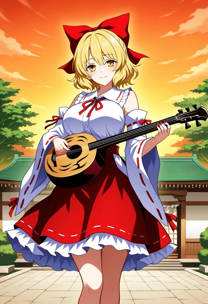 ssaf style, ((outside)), ((Japanese shrine background)), evening, orange sky, 1girl, solo, looking at viewer, soft smile, standing, posing, traditional media, ((satsuki rin)), (blonde hair), (short hair), (yellow eyes), hair bow, red bow, wide sleeves, detached sleeves, long sleeves, frills, red ribbon, white shirt, red skirt, bare shoulders, (playing instrument), ((large breasts)), ((legs))