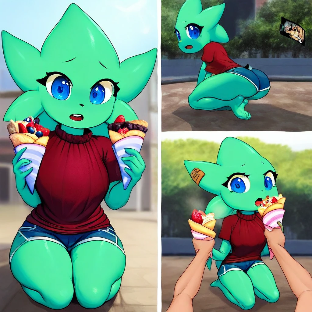 short shorts, 1boy, body fur, meme attire, female pov, red shirt, kneeling, outdoors, blue eyes, multiple views, open mouth, colored skin, crepe, group sex, solo focus