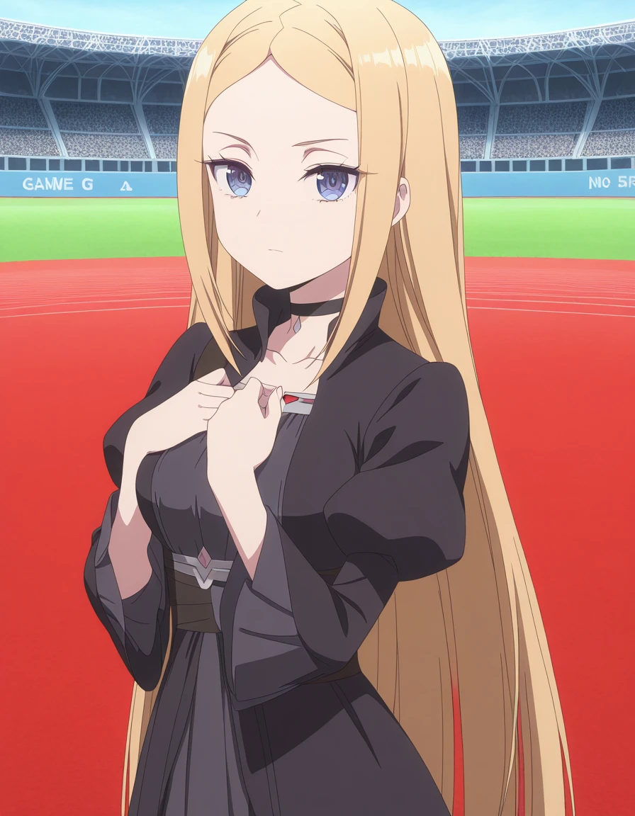 masterpiece, best quality, amazing quality,, <lora:elsa-notis-s1-illustriousxl-lora-nochekaiser:1>, elsa notis, long hair, blonde hair, very long hair, blue eyes, parted bangs, mature female, medium breasts, anime screencap, long sleeves, dress, collarbone, choker, puffy sleeves, black dress, black choker, juliet sleeves, hands on own chest,, stadium, seats, field, game, large, cowboy shot, solo, looking at viewer,