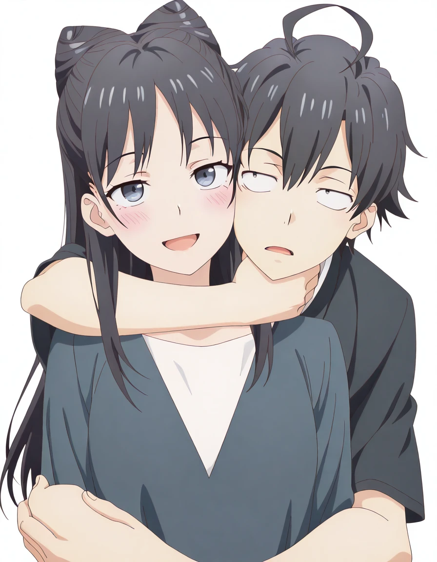 masterpiece, best quality, amazing quality,, <lora:nemu-miyao-s1-illustriousxl-lora-nochekaiser:1>, nemu miyao, long hair, blue eyes, black hair, hair bun, half updo, cone hair bun, mature female, small breasts, anime screencap, <lora:straigth-on-hug-from-behind-illustriousxl-lora-nochekaiser:1>, straight-on hug from behind, straight-on, hug from behind, head on another's shoulder, looking at viewer, blush, smile, open mouth, arm around neck, hetero, <lora:hachiman-hikigaya-s3-illustriousxl-lora-nochekaiser:1>, hachiman hikigaya, hikigaya hachiman, black hair, ahoge, black eyes, 1boy, anime screencap, <lora:transparent-background-illustriousxl-lora-nochekaiser:1>, transparent background, simple background, white background