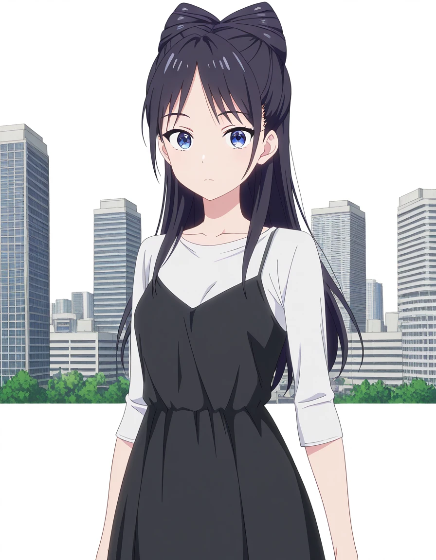 masterpiece, best quality, amazing quality,, <lora:nemu-miyao-s1-illustriousxl-lora-nochekaiser:1>, nemu miyao, long hair, blue eyes, black hair, hair bun, half updo, cone hair bun mature female, small breasts, anime screencap, shirt, dress, white shirt, sleeveless dress, black dress, camisole, black camisole, from above,, skyscraper, tall, glass, modern, building, cowboy shot, solo, looking at viewer, <lora:transparent-background-illustriousxl-lora-nochekaiser:1>, transparent background, simple background, white background
