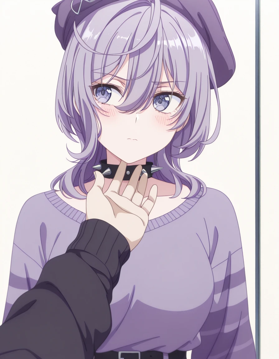masterpiece, best quality, amazing quality,, <lora:philia-adenauer-s1-illustriousxl-lora-nochekaiser:1>, philia adenauer, hair between eyes, purple eyes, purple hair, medium hair, purple dress mature female, medium breasts, anime screencap, <lora:emo-fashion-illustriousxl-lora-nochekaiser:1>, emo fashion, androgynous, belt, black belt, black collar, black sweater, collar, fashion, hat, long sleeves, oversized clothes, purple sweater, spiked collar, spikes, striped clothes, striped sweater, sweater, <lora:stroking-anothers-chin-pov-illustriousxl-lora-nochekaiser:1>, stroking another's chin pov, stronking another's chin, pov, pov hands, blush, upper body, looking to the side,, ,