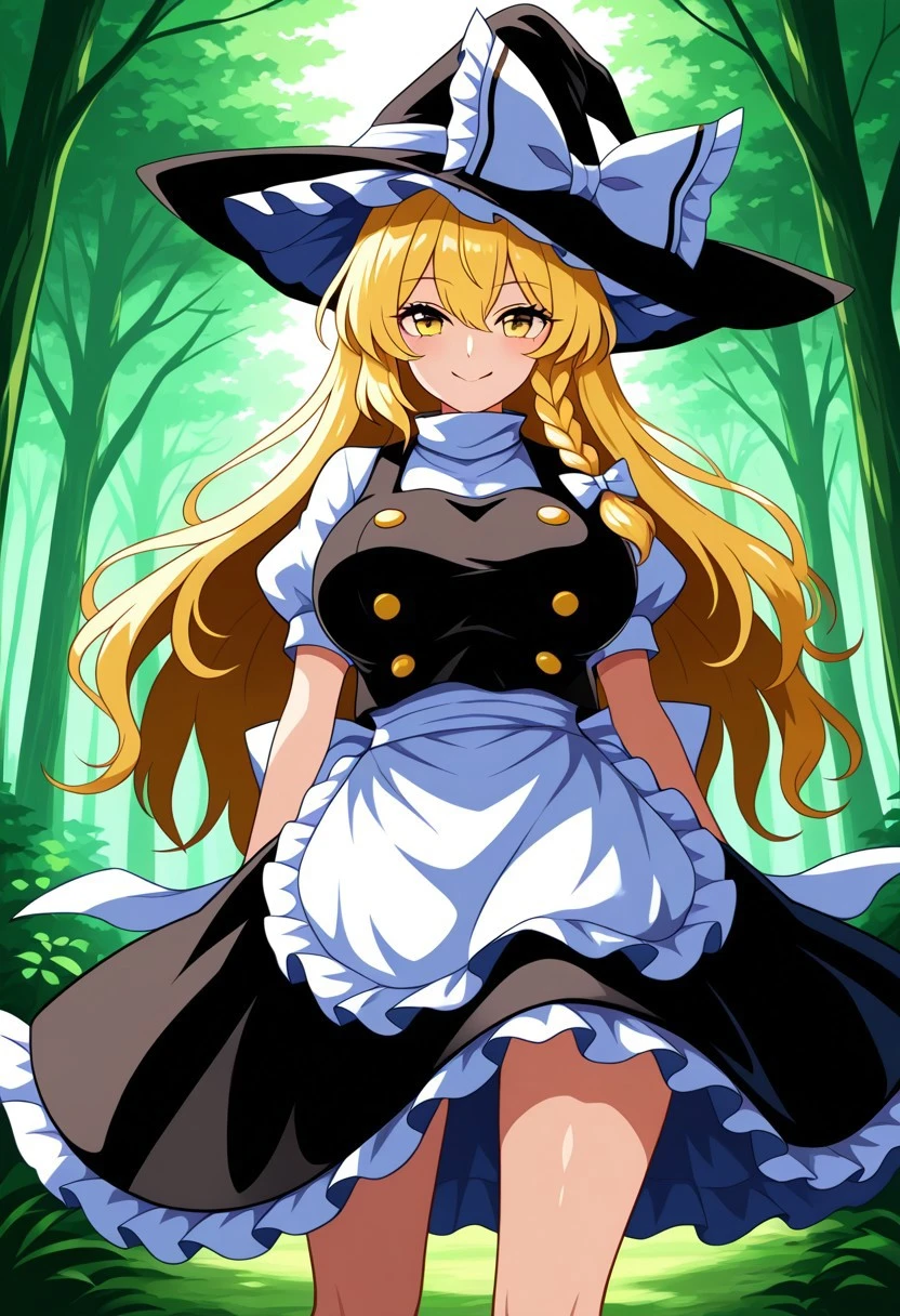 ssaf style, ((forest)), day time, 1girl, solo, looking at viewer, standing, posing, smile, ((zzMarisa)), ((large breasts)), yellow eyes, hair between eyes, blonde hair, hair bow, long hair, very long hair, single braid, bow, braid, hat, witch hat, waist apron, short sleeves, black headwear, puffy sleeves, puffy short sleeves, hat bow, apron, ((legs))