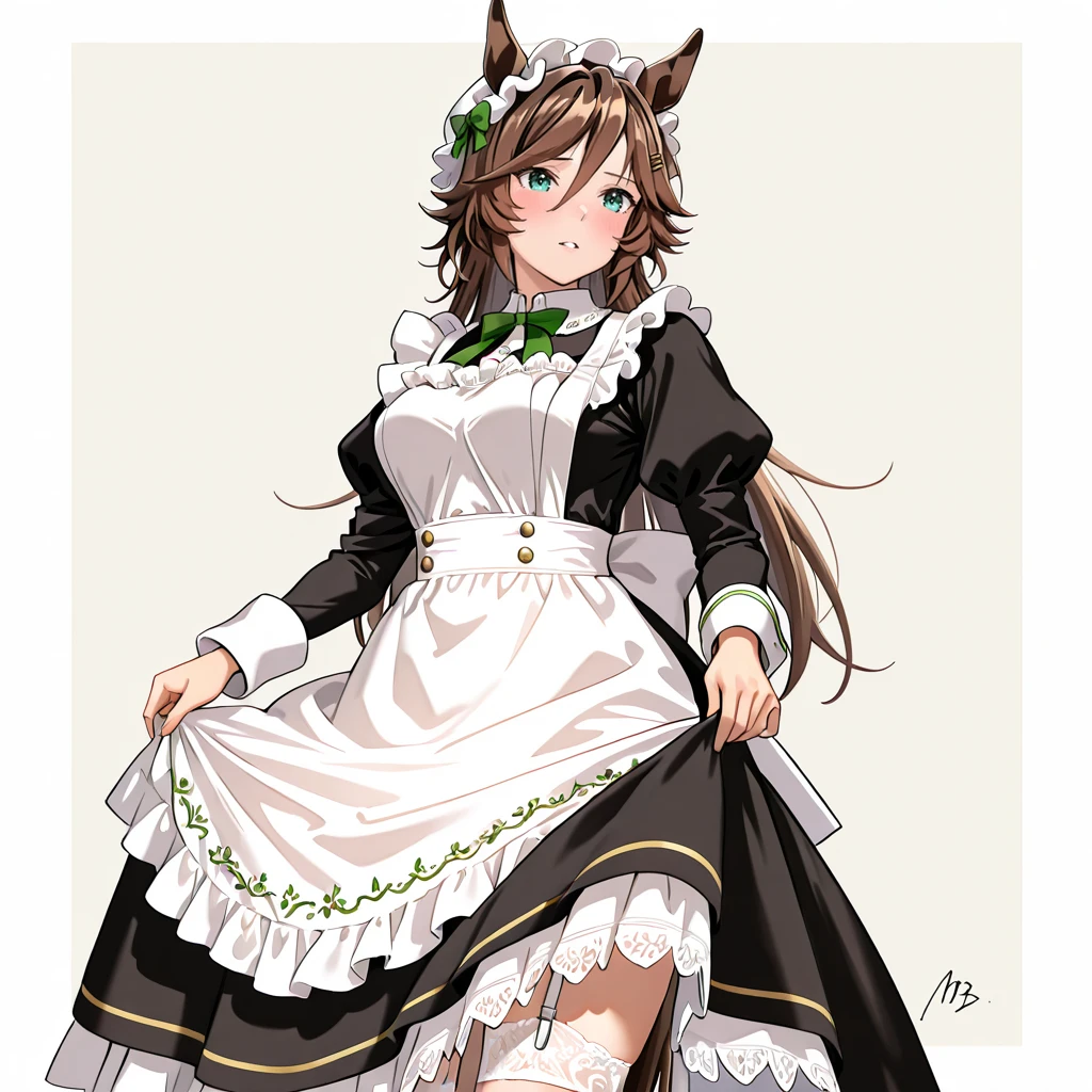 <lora:MrCB_illustrious_v1:1> MrCB, 1girl, animal ears,  horse tail, brown hair, hair between eyes, bangs, horse girl, hairclip, medium breasts,  green eyes, cowboy shot,  <lora:victorian-illustriousxl-lora-nochekaiser:1> victorian, apron, black dress, clothes lift, dress, embroidery, garter straps, hat, juliet sleeves, lace trim, maid, maid apron, mob cap, official alternate costume, official alternate hairstyle, parted lips, puffy sleeves, puritan collar, ribbon, shy, signature, simple background, skirt, white apron,
