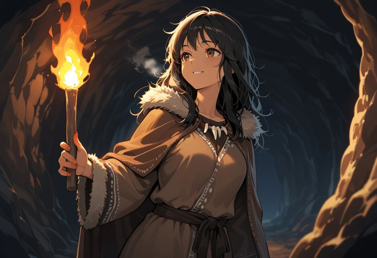 warm colors, masterpiece, best quality, amazing quality, (((solo))), closeup,
black hair, brown eyes, long hair, messy hair, medium breasts, brown skin, night time, winter season, prehistoric stone age, brown short loose fitting prehistoric cloak with a fur trim, brown fur prehistoric high neckline dress with a fur trim, bone necklace, in a cave, finger painting cave painting on the wall, red paint on hands, holding a torch, from the side, cave paintings on the wall, breath fog, happy, warm lighting, cinematic lighting,