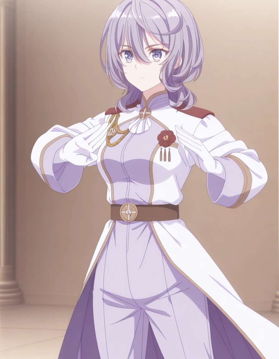 masterpiece, best quality, amazing quality,, <lora:philia-adenauer-s1-illustriousxl-lora-nochekaiser:1>, philia adenauer, hair between eyes, purple eyes, purple hair, medium hair, purple dress mature female, medium breasts, anime screencap, <lora:aristocratic-clothes-illustriousxl-lora-nochekaiser:1>, aristocratic clothes, aiguillette, belt, boots, coat, elbow gloves, floral print, gloves, gold trim, jacket, knee boots, military coat, military jacket, military uniform, pants, shoulder boards, two-sided coat, two-sided fabric, vest, <lora:kung-fu-illustriousxl-lora-nochekaiser:1>, kung fu, martial arts, training, fighting stance, cowboy shot, ,