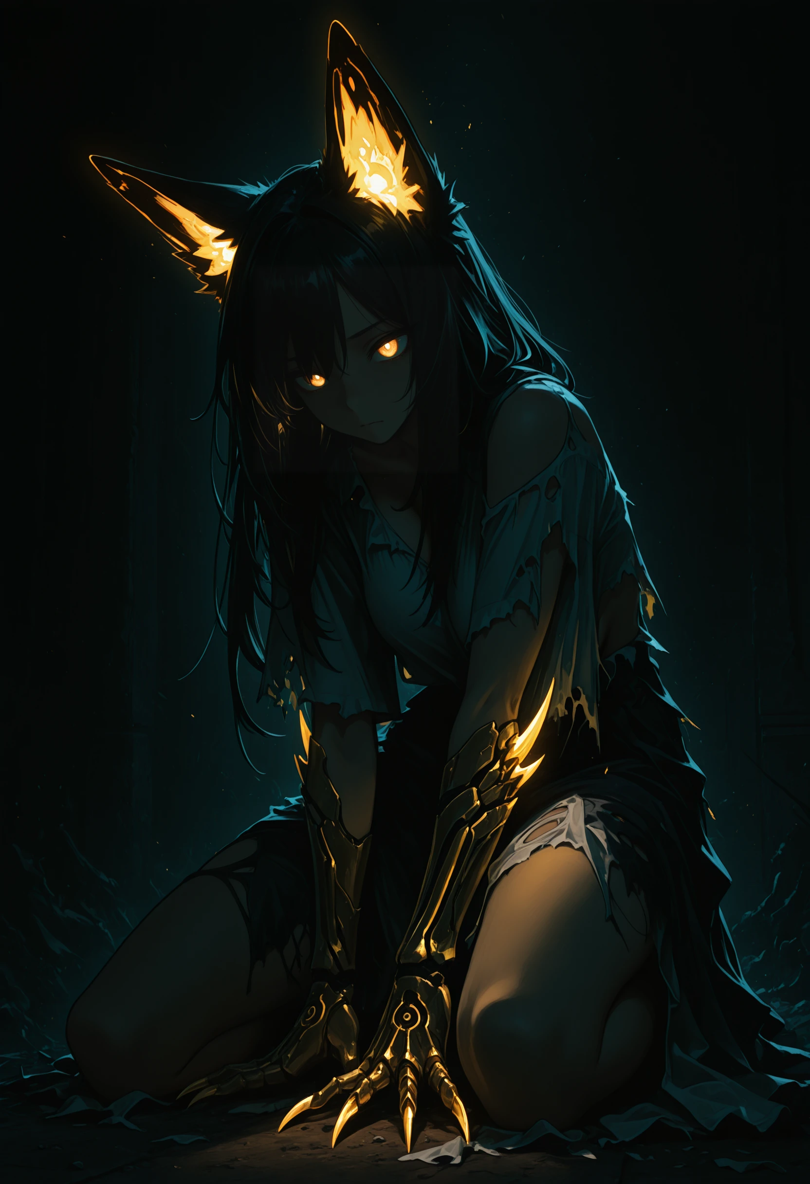 masterpiece,best quality,amazing quality, black hair, gold eyes, claws, torn dress, glowing eyes, glowing ears, fox girl, glowing, kneeling, dark, dim lighting
<lora:Dark (Illustrious) v1:0.5>, <lora:Torn Burnt Clothes (Illustrious) v1:1>