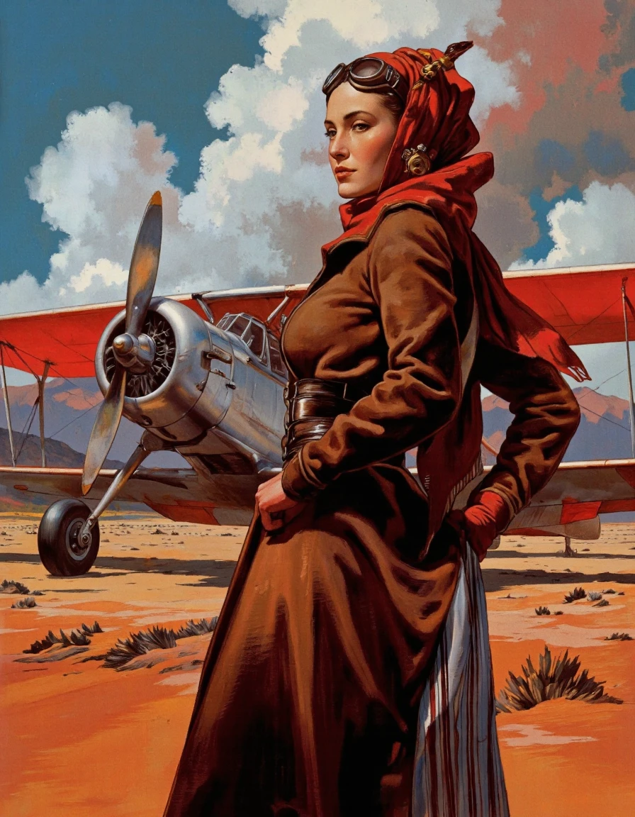 By Miles Hyman. A vintage steampunk illustration from the side, depicting a woman standing confidently in front of a vintage airplane with a red cape. the woman is wearing a brown jacket, a red scarf, and a striped skirt, and has a pair of goggles perched atop her head. she is standing with one hand on her hip and the other resting on her thigh, looking off into the distance with a determined expression. the background features a clear blue sky with fluffy white clouds and a hint of orange and pink hues, giving the impression of an airfield or desert landscape. the image has a retro feel to it, with a warm color palette and a nostalgic atmosphere. in the middle of the image, the woman appears to be a young adult, standing in a confident pose, with her hands on her hips, wearing a headscarf and goggles, reminiscent of steampunk clothing. her eyes are focused intently on something in the distance, and her expression conveys a sense of determination and strength. the aircraft behind her is a large propeller plane with a silver body and a red canopy, set against a backdrop of rolling hills and a cloudy sky, adding to the sense of adventure and exploration.