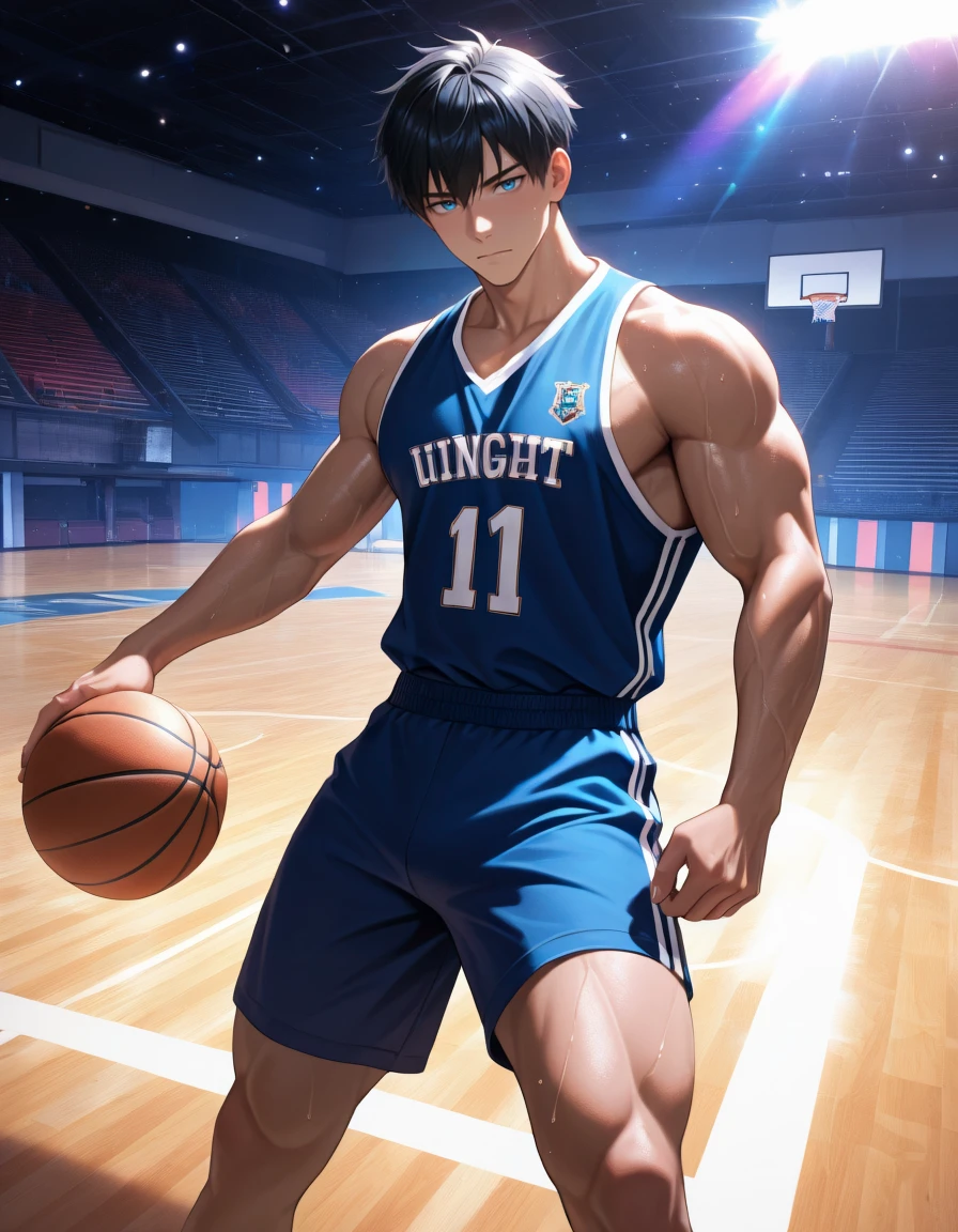 masterpiece, best quality, amazing quality, very aesthetic, high resolution, ultra-detailed, absurdres, newest, colorful, rim light, backlit, highest detailed, very awa, 1boy, male focus, black hair, blue eyes, muscular male, basketball court, gym uniform,
