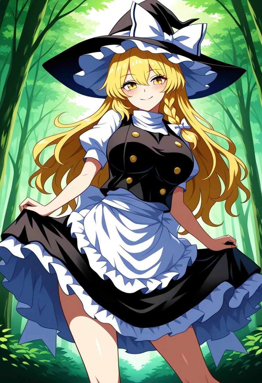 ssaf style, ((forest)), day time, 1girl, solo, looking at viewer, standing, posing, smile, ((zzMarisa)), ((large breasts)), yellow eyes, hair between eyes, blonde hair, hair bow, long hair, very long hair, single braid, bow, braid, hat, witch hat, waist apron, short sleeves, black headwear, puffy sleeves, puffy short sleeves, hat bow, apron, ((legs))