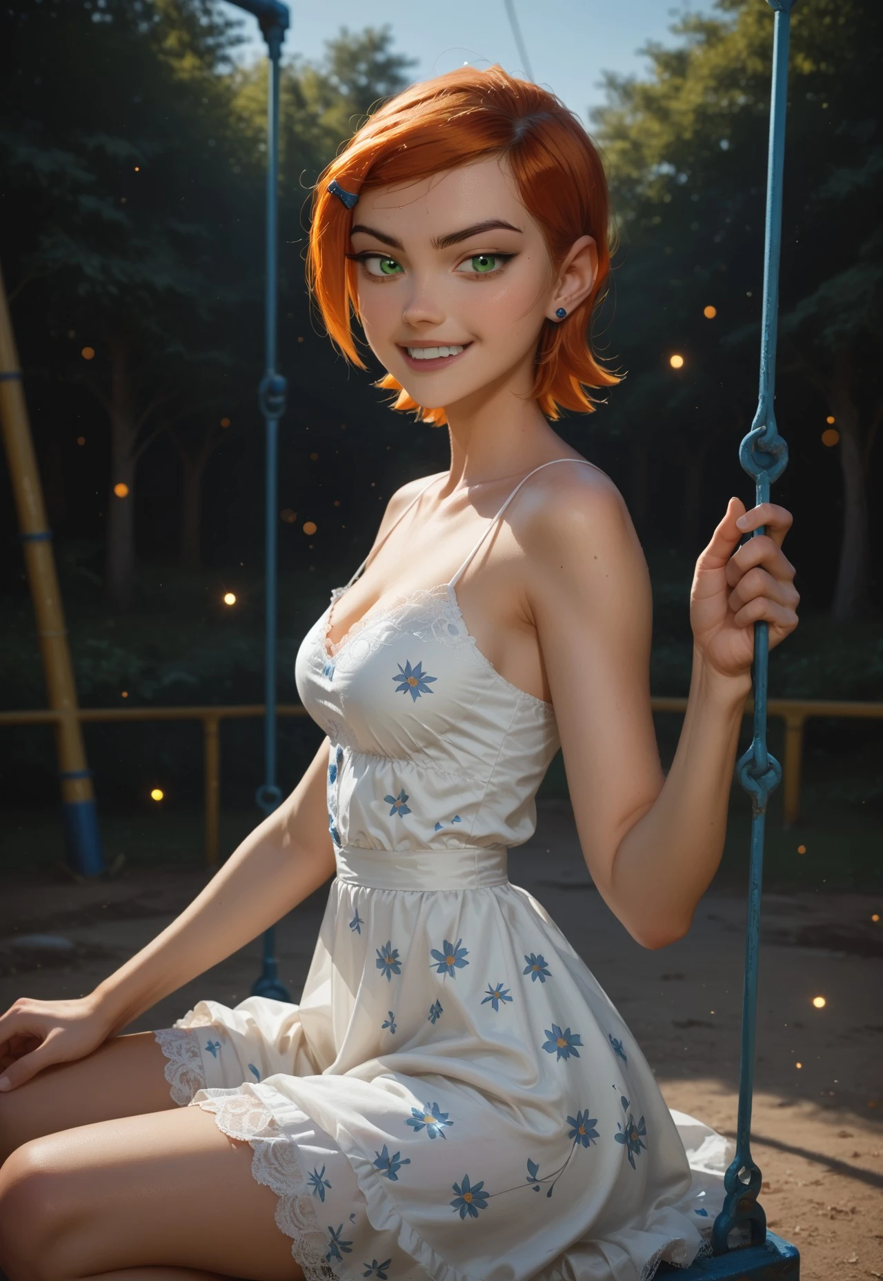 (score_9, score_8_up, score_7_up), DOF, bokeh, hyper realistic, super detailed, dynamic pose, ((wide angle view side view)),
1girl,solo,gwen tennyson (/Ben10)/,(ultra HD quality details), bright orange hair, short hair, (green eyes), medium breasts, spaghetti strap dress, floral print, mini dress,
swing, playground,
from below, cowboy shot, looking at viewer, smile, open mouth,
