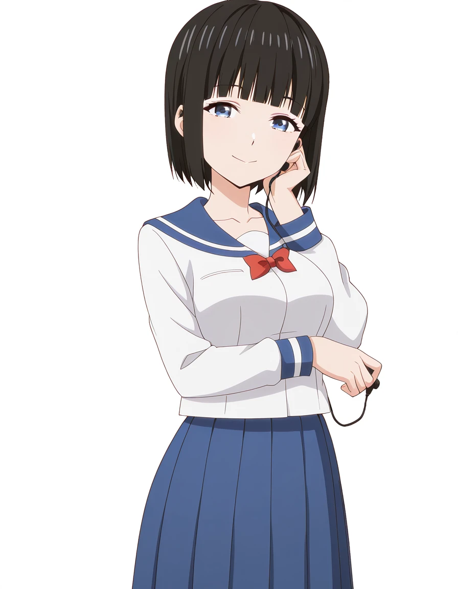 masterpiece, best quality, amazing quality,, <lora:kukumi-ureshino-s1-illustriousxl-lora-nochekaiser:1>, kukumi ureshino, short hair, blue eyes, black hair, blunt bangs, bob cut, mature female, medium breasts, anime screencap, shirt, skirt, long sleeves, bow, collarbone, white shirt, pleated skirt, serafuku, bowtie, sailor collar, red bow, blue skirt, blue sailor collar, red bowtie,, head rest, smile,, suburban neighborhood, morning jog, earphones, running shoes, fresh air, sunrise, cowboy shot, solo, looking at viewer, <lora:transparent-background-illustriousxl-lora-nochekaiser:1>, transparent background, simple background, white background