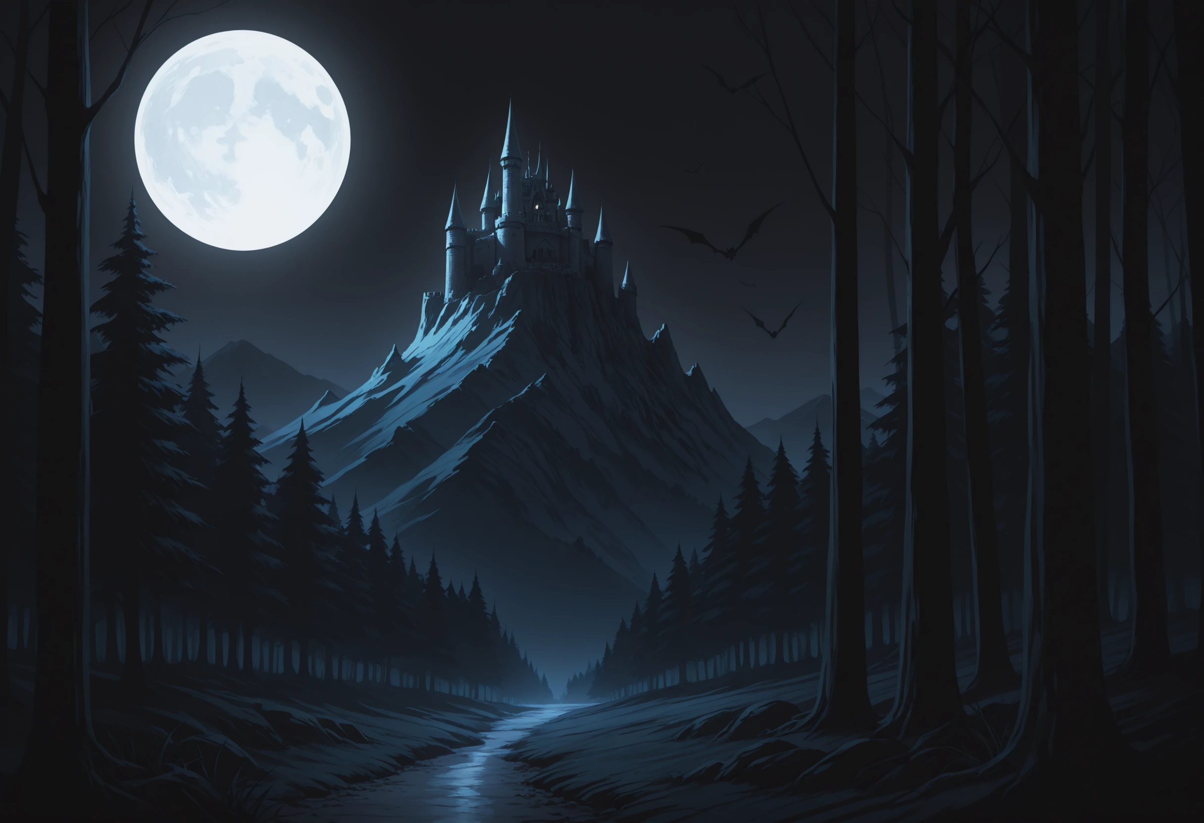 masterpiece,best quality,amazing quality,forest, castle mountain side, moon, scenery, dark, dim lighting, bats, dark background
<lora:Dark (Illustrious) v1:0.8>