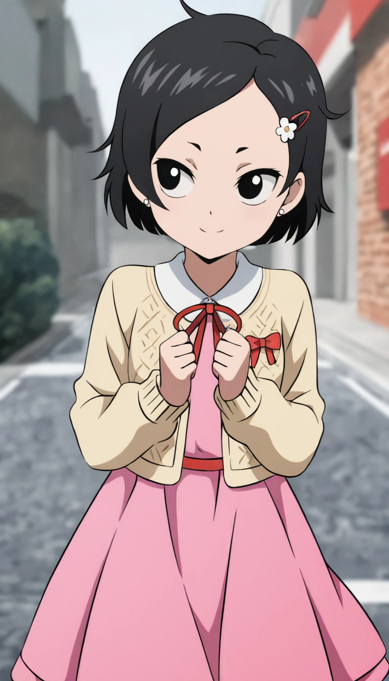 opmzenko, 1girl, solo, black hair, short hair, black eyes, hair ornament, hairclip, pink dress, beige cardigan, cowboy shot, outdoors, beautiful, detailed, color, dramatic, deep focus, highly intricate, elegant, professional, cinematic, sharp perfect, rich bright, attractive, nice background, loving, caring, generous