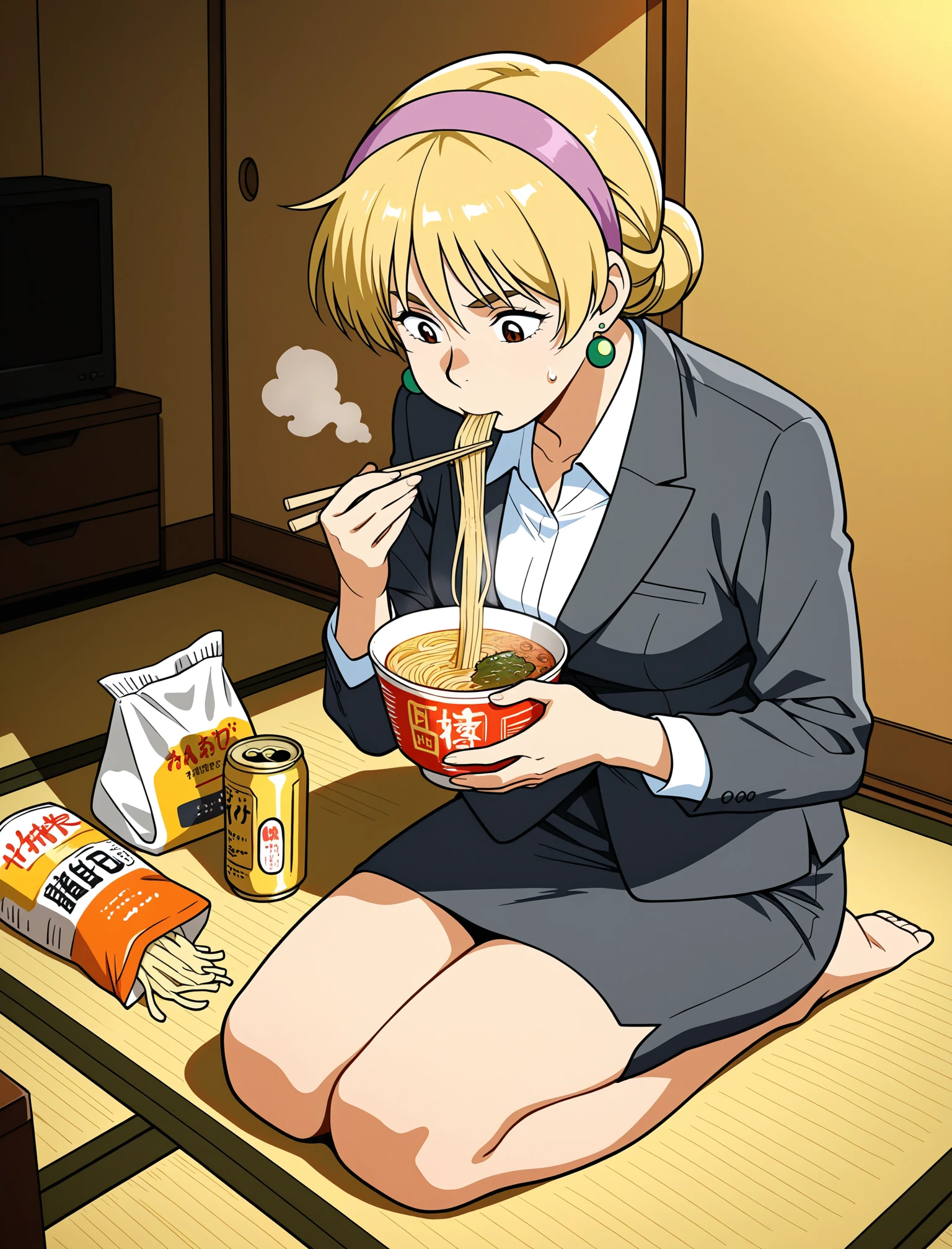 1girl, solo, <lora:katevg_ill_v1:1.> katevg, hairband, brown eyes, green earring, hair bun, full body, 
office lady, looking down, sitting, seiza, eating cup ramen, noodles in mouth, chopsticks, hot, steam, 
indoors, Japanese apartment, tatami floor, chabudai \(table\), empty beer can and empty bottle and empty snack bag on floor,
soft shading, detailed lighting, soft lighting,
general, masterpiece, best quality,