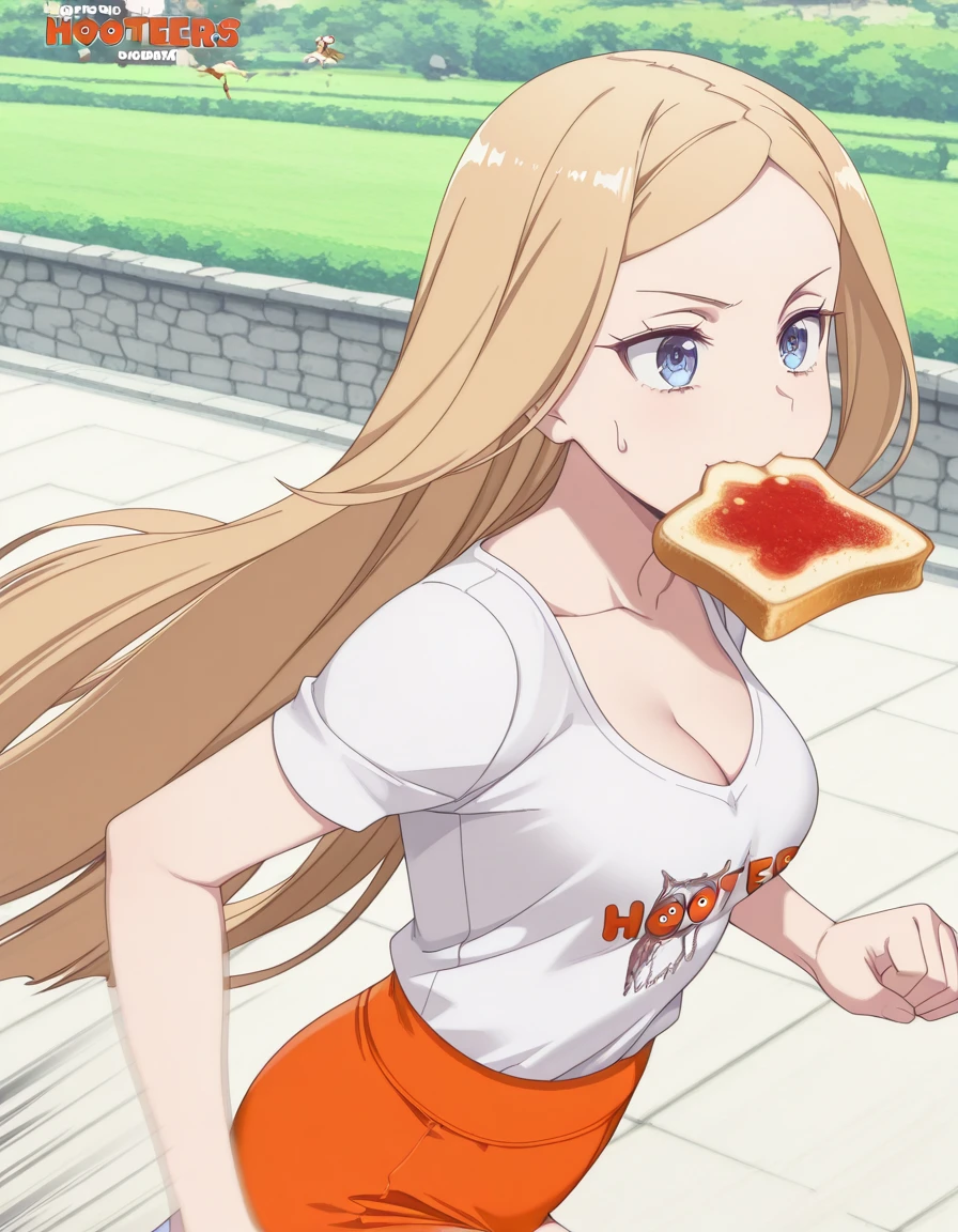 masterpiece, best quality, amazing quality,, <lora:elsa-notis-s1-illustriousxl-lora-nochekaiser:1>, elsa notis, long hair, blonde hair, very long hair, blue eyes, parted bangs, mature female, medium breasts, anime screencap, <lora:hooters-illustriousxl-lora-nochekaiser:1>, hooters, shirt, white shirt, short shorts, clothes writing, brand name imitation, orange shorts, cleavage, <lora:food-in-mouth-running-illustriousxl-lora-nochekaiser:1>, food in mouth running, food in mouth, running, bread, bread slice, food, toast in mouth, toast, sweatdrop, motion lines, motion blur, outdoors, from side, ,