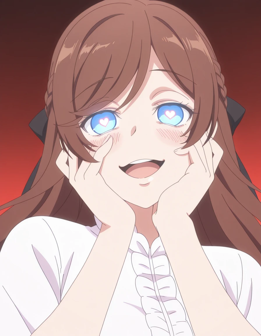 masterpiece, best quality, amazing quality,, <lora:kanpekiseijo-elizabeth-s1-illustriousxl-lora-nochekaiser:1>, kanpekiseijo elizabeth, long hair, blue eyes, brown hair, braid, hair bow, black bow, mature female, medium breasts, anime screencap, <lora:yandere-trance-illustriousxl-lora-nochekaiser:1>, yandere trance, yandere, hands on own cheeks, hands on own face, crazy eyes, crazy smile, crazy, heart-shaped pupils, glowing eyes, symbol-shaped pupils, hand on own face, open mouth, glowing, blush, looking at viewer,, ,