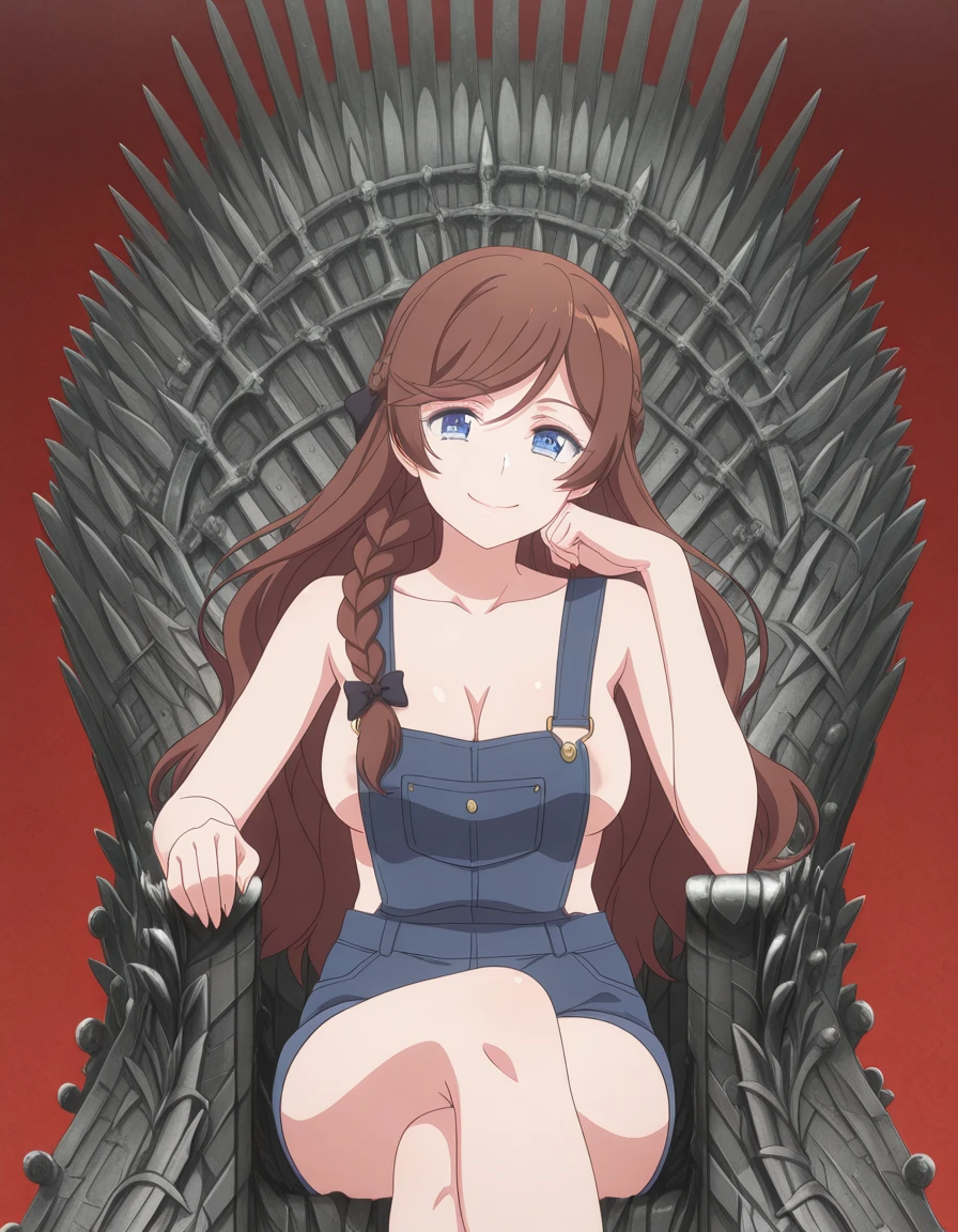 masterpiece, best quality, amazing quality,, <lora:kanpekiseijo-elizabeth-s1-illustriousxl-lora-nochekaiser:1>, kanpekiseijo elizabeth, long hair, blue eyes, brown hair, braid, hair bow, black bow, mature female, medium breasts, anime screencap, <lora:naked-overalls-illustriousxl-lora-nochekaiser:1>, naked overalls, overalls, sideboob, cleavage, areola,, <lora:iron-throne-illustriousxl-lora-nochekaiser:1>, iron throne, sitting, looking at viewer, sword, throne, sitting on throne, smile, elbow rest, crossed legs, ,