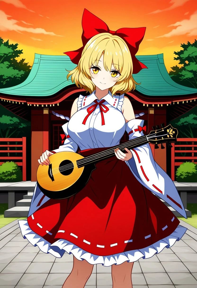 ssaf style, ((outside)), ((Japanese shrine background)), evening, orange sky, 1girl, solo, looking at viewer, soft smile, standing, posing, traditional media, ((satsuki rin)), (blonde hair), (short hair), (yellow eyes), hair bow, red bow, wide sleeves, detached sleeves, long sleeves, frills, red ribbon, white shirt, red skirt, bare shoulders, (playing instrument), ((large breasts)), ((legs))