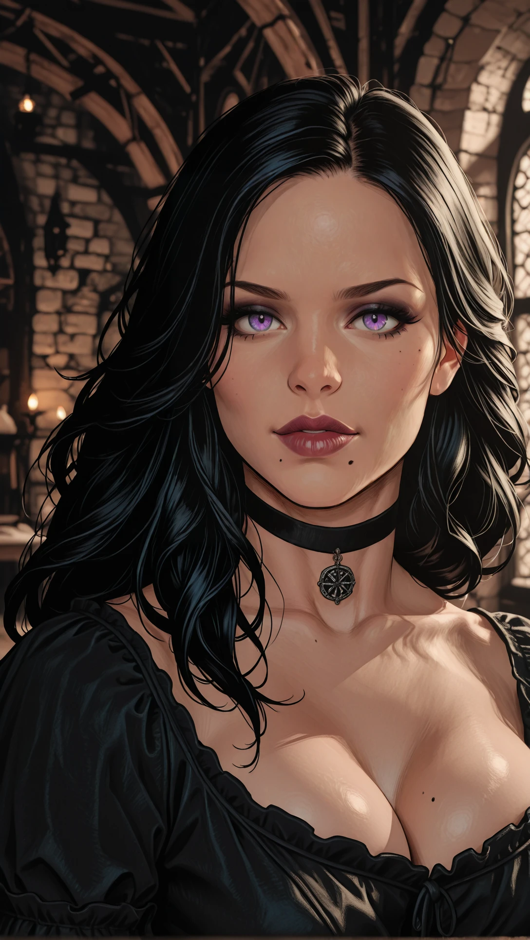 <lora:YenneferIllu:0.6>, <lora:ACOB_Style:0.8>, masterpiece, best quality, highres, sharp focus, cinematic lighting, hdr, high contrast, beautiful, aesthetic, detailed background,
indoors, cozy, medieval fantasy,
looking at viewer, seductive, detailed hands,
1girl, solo, yennefer, long black hair, purple eyes, mole under lips, choker, makeup,
portrait, front angle, close-up,