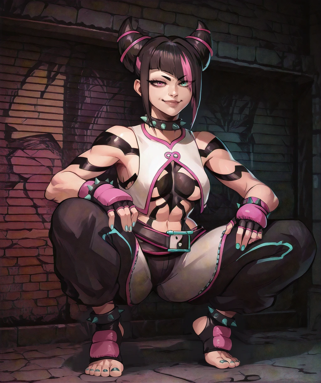 score_9, score_8_up, score_7_up, score_6_up, score_5_up, score_4_up,
jurisf6xl, two-tone hair, black hair horns, purple eye, aqua eye, heterochromia,
spiked collar, smug, fingerless gloves, blue nails, belt, toeless footwear,
squatting, pants,
urban, graffiti, blue lighting, pink lighting, wall, night,
<lora:JuriSF6xl:1>,