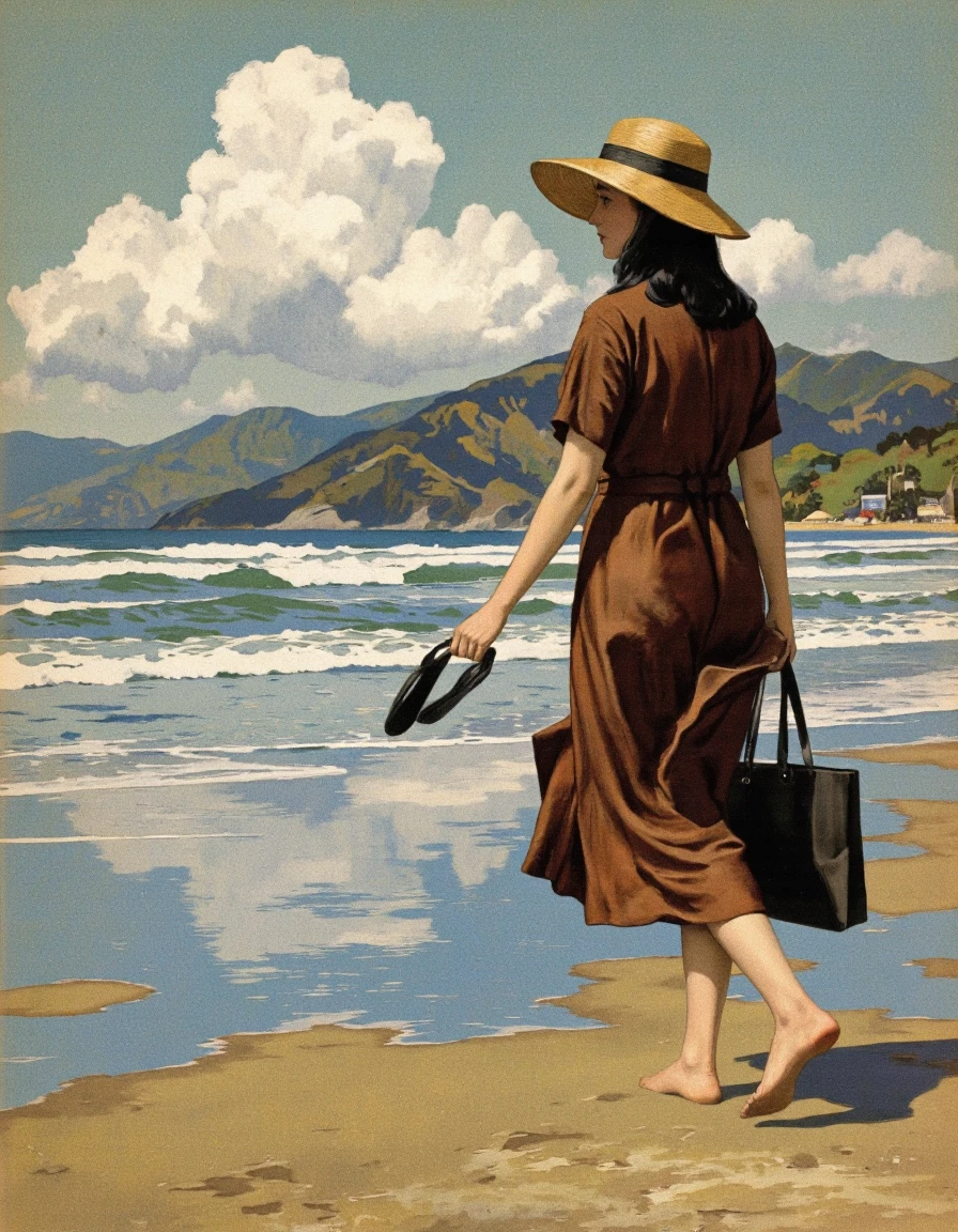 By Miles Hyman. A vintage illustration from the side, depicting a young woman walking along the shore of a beach, wearing a brown dress and a wide-brimmed straw hat. the woman, who appears to be in her late teens or early twenties, has long, straight black hair that falls down her back. she is carrying a black tote bag in one hand and a pair of black flip-flops in the other. her bare feet are firmly planted on the sand, and she is looking out towards the horizon with a contemplative expression. in the background, there is a vast expanse of blue ocean with small waves crashing onto the shore, and distant hills and mountains in the distance. the sky is dotted with fluffy white clouds, and the overall color palette is muted with shades of blue, green, and yellow, giving the image a nostalgic feel.