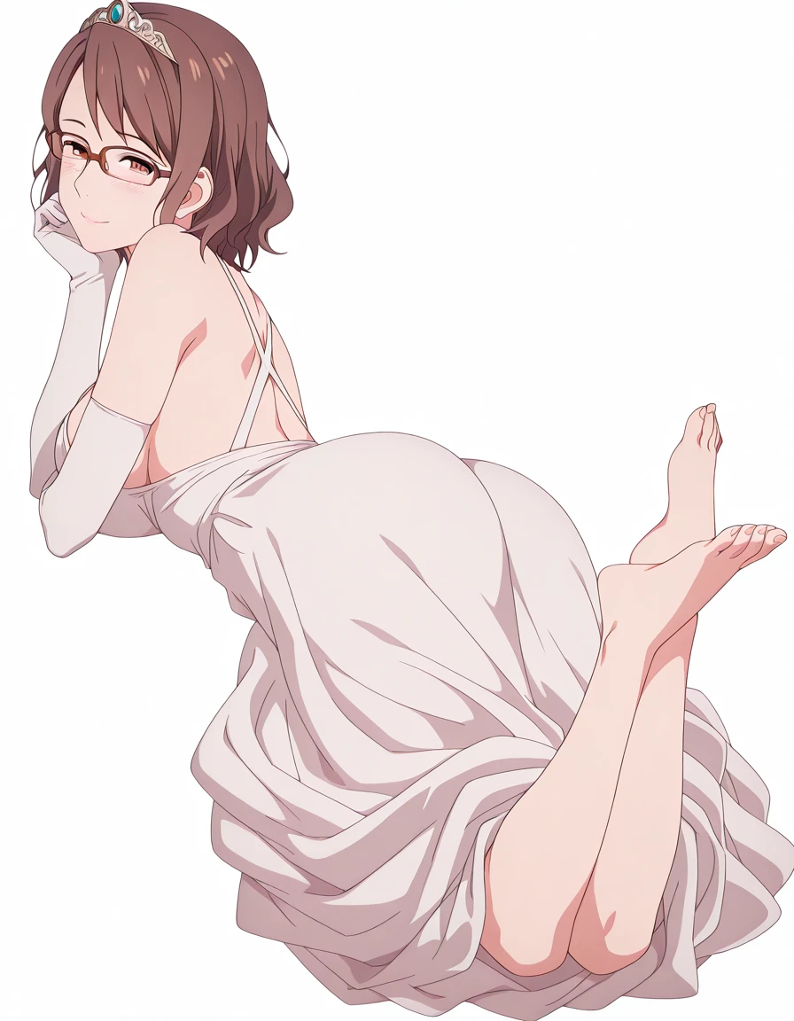 masterpiece, best quality, amazing quality,, <lora:yuuri-makuwa-s1-illustriousxl-lora-nochekaiser:1>, yuuri makuwa, short hair, brown hair, glasses, medium hair, brown eyes, mature female, breasts, anime screencap, <lora:victorian-illustriousxl-lora-nochekaiser:1>, victorian, gown, elbow gloves, tiara, pantyhose, <lora:the-pose-illustriousxl-lora-nochekaiser:1>, the pose, on stomach, feet up, lying, soles, feet, legs up, head rest, barefoot, from side, looking at viewer, ass, smile, blush, sideboob, , <lora:transparent-background-illustriousxl-lora-nochekaiser:1>, transparent background, simple background, white background