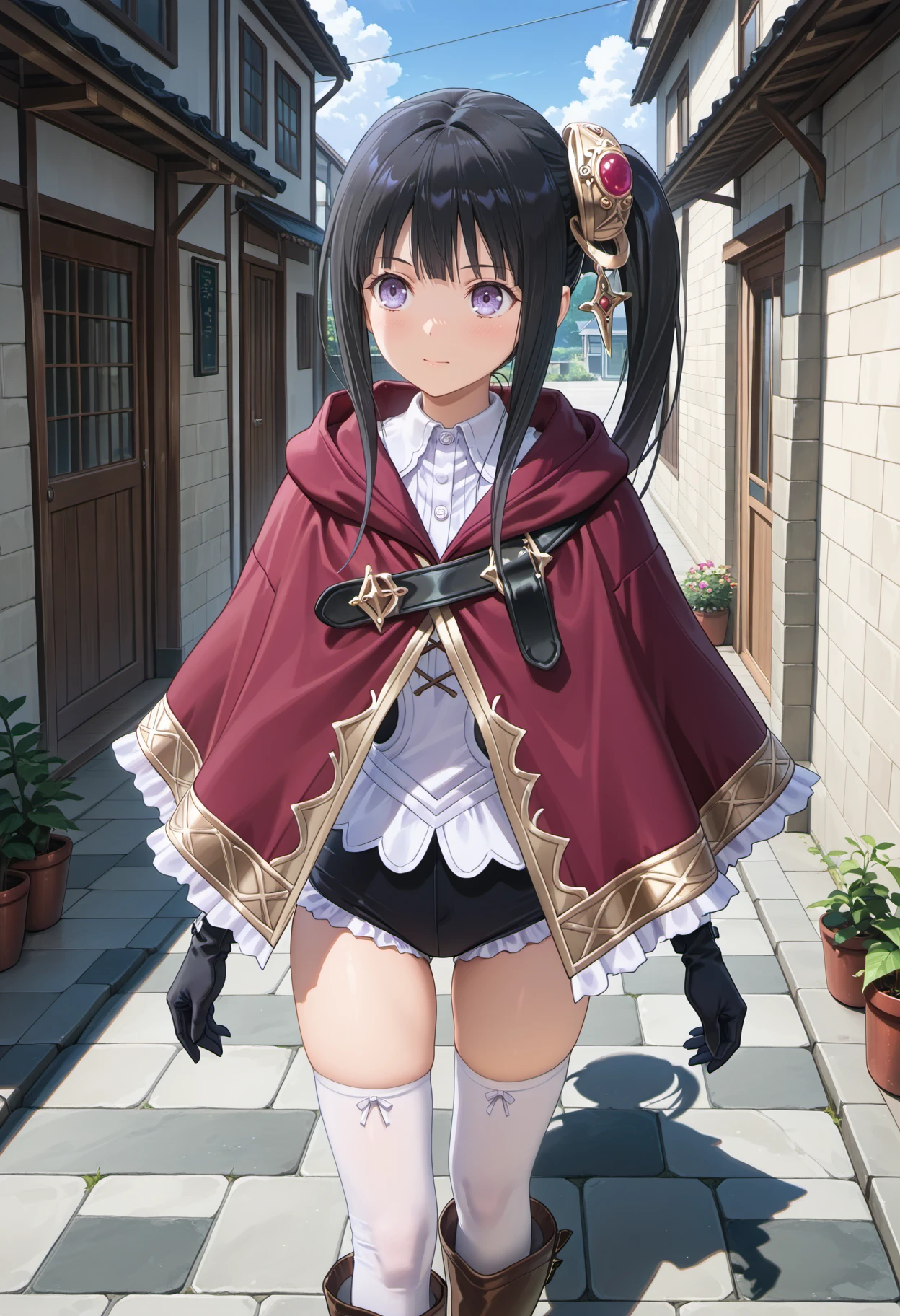 (masterpiece, best quality), intricate details, 1girl, Sherry purple hair, (standing by wooden pole:1.2), iron collar, arms behind back, iron cuffs, shackles, bound