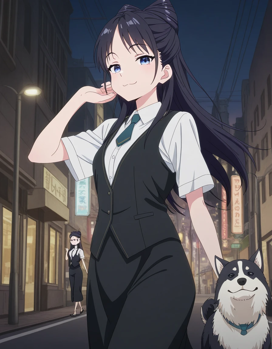masterpiece, best quality, amazing quality,, <lora:nemu-miyao-s1-illustriousxl-lora-nochekaiser:1>, nemu miyao, long hair, blue eyes, black hair, hair bun, half updo, cone hair bun, mature female, small breasts, anime screencap, shirt, white shirt, short sleeves, necktie, collared shirt, vest, black vest, long skirt, black skirt, smug, city street, evening, streetlights, walking dog, quiet neighborhood, gentle breeze, cowboy shot, solo, looking at viewer,
