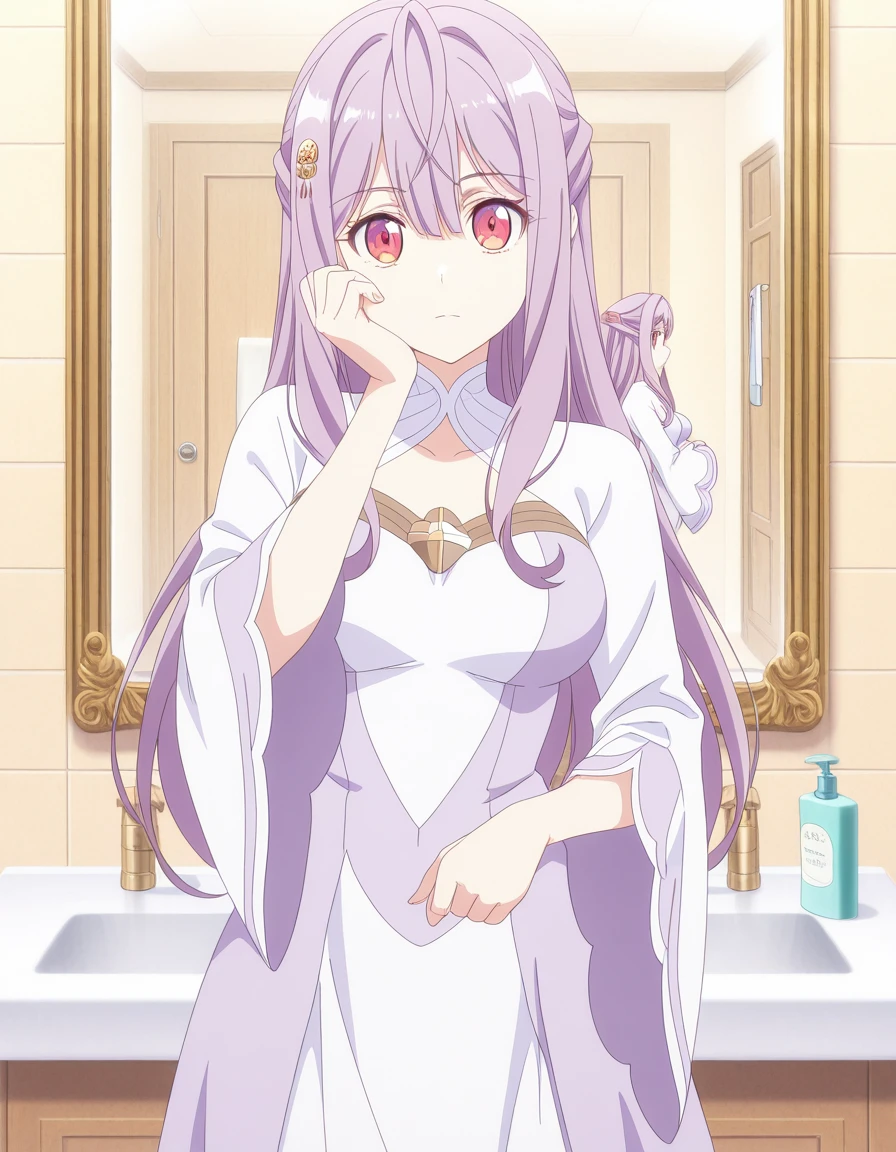 masterpiece, best quality, amazing quality,, <lora:mia-adenauer-s1-illustriousxl-lora-nochekaiser:1>, mia adenauer, hair between eyes, red eyes, purple hair, long hair, half-updo, hair ornament, sidelocks, mature female, medium breasts, anime screencap, long sleeves, dress, wide sleeves, white dress, purple dress, head rest, bathroom, tiles, mirror, sink, toiletries, cowboy shot, solo, looking at viewer,