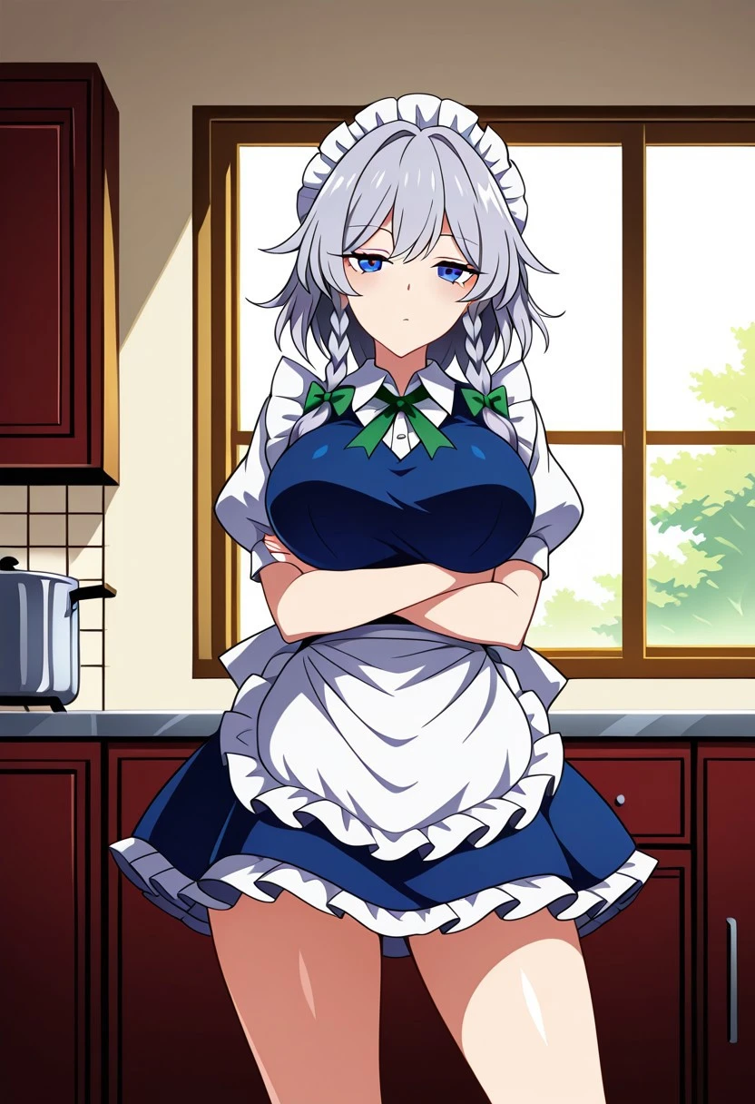 ssaf style, ((kitchen)), ((window)), ((day time)), 1girl, solo, looking at viewer, standing, posing, crossed arms, bored, ((izayoi sakuya)), ((large breasts)), ((grey hair)), medium hair, blue eyes, maid headdress, blue vest, blue skirt, white apron, bare hands, twin braids, puffy sleeves, ((legs))