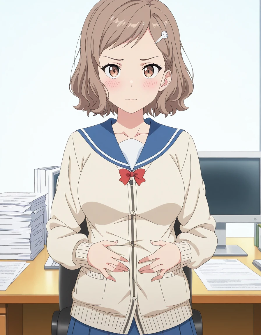 masterpiece, best quality, amazing quality,, <lora:kara-minami-s1-illustriousxl-lora-nochekaiser:1>, kara minami, short hair, brown hair, hair ornament, brown eyes, hairclip, mature female, medium breasts, anime screencap, skirt, long sleeves, bow, collarbone, pleated skirt, serafuku, bowtie, sailor collar, red bow, blue skirt, cardigan, blue sailor collar, red bowtie,, hands on stomach, blush,, office, desk, computer, chair, paperwork, cowboy shot, solo, looking at viewer,