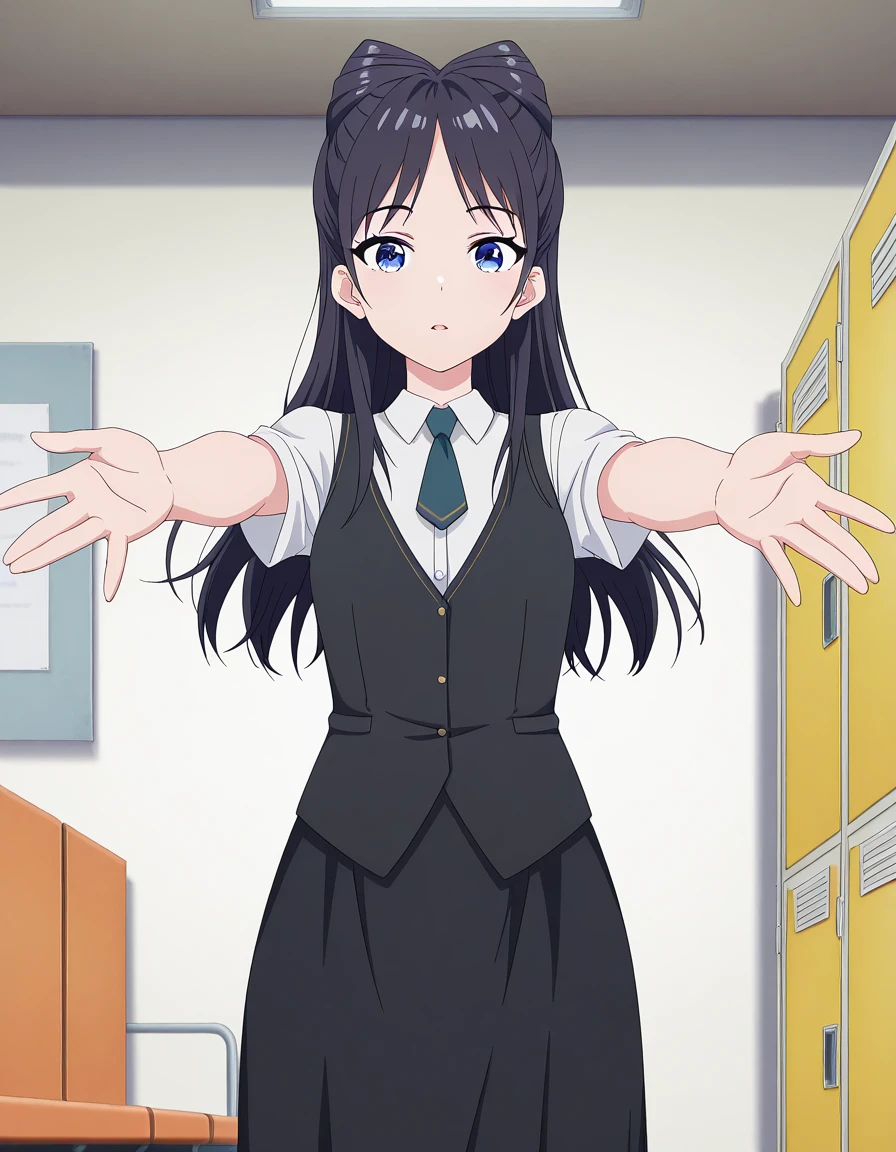 masterpiece, best quality, amazing quality,, <lora:nemu-miyao-s1-illustriousxl-lora-nochekaiser:1>, nemu miyao, long hair, blue eyes, black hair, hair bun, half updo, cone hair bun, mature female, small breasts, anime screencap, shirt, white shirt, short sleeves, necktie, collared shirt, vest, black vest, long skirt, black skirt, on back, arm support, arms up, incoming hug, pov, reaching, reaching towards viewer,, changing room, lockers, benches, clothes, privacy, cowboy shot, solo, looking at viewer, <lora:transparent-background-illustriousxl-lora-nochekaiser:1>, transparent background, simple background, white background