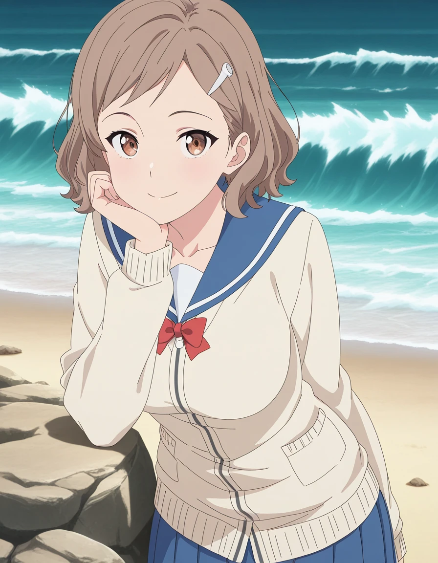 masterpiece, best quality, amazing quality,, <lora:kara-minami-s1-illustriousxl-lora-nochekaiser:1>, kara minami, short hair, brown hair, hair ornament, brown eyes, hairclip, mature female, medium breasts, anime screencap, skirt, long sleeves, bow, collarbone, pleated skirt, serafuku, bowtie, sailor collar, red bow, blue skirt, cardigan, blue sailor collar, red bowtie,, head rest, smile,, shore, rocks, sand, waves, water, cowboy shot, solo, looking at viewer,