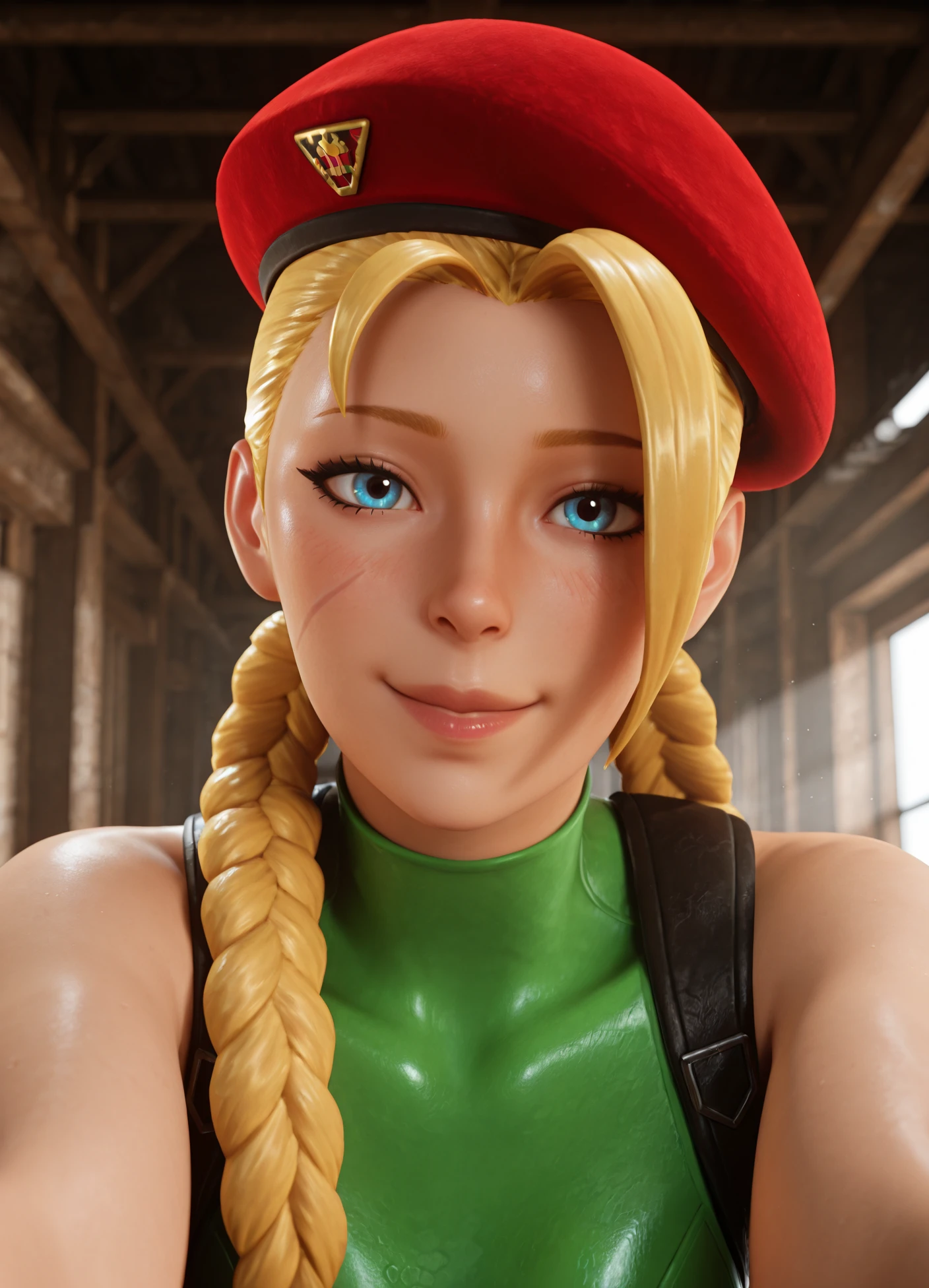 masterpiece, best quality, amazing quality, ultra-detailed, absurdres, newest, scenery, 3d, rendered, realistic, pixar style, intricate details, looking at viewer, hyperdetailed skin texture, specular highlights, perfect lighting, subsurface scattering, high resolution, very aesthetic, 4k, 8k, photorealistic,
1girl, (cellulite:0.8), skindentation, black eye shadow, detailed blue eyes,
1girl, solo, long hair, hat, red beret, blonde hair, braid, twin braids, blue eyes, scar, antenna hair, lips, nose, ahoge, huge ahoge, green leotard, upper body, blurry background, pov, happy, blush,
ultra detailed, finely detailed skin, pores, wrinkles, detailed eyelashes, volumetric lighting, cinematic lighting, global illumination, ray tracing,
<lora:CammyFortniteK112:1>
