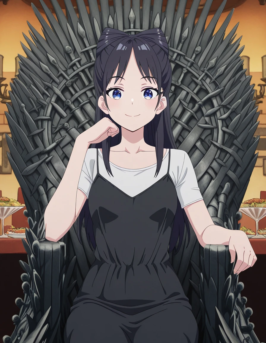 masterpiece, best quality, amazing quality,, <lora:nemu-miyao-s1-illustriousxl-lora-nochekaiser:1>, nemu miyao, long hair, blue eyes, black hair, hair bun, half updo, cone hair bun, mature female, small breasts, anime screencap, shirt, dress, white shirt, sleeveless dress, black dress, camisole, black camisole, <lora:iron-throne-illustriousxl-lora-nochekaiser:1>, iron throne, sitting, looking at viewer, sword, throne, sitting on throne, smile, elbow rest, restaurant, laughter, good food, warm lighting, celebration, cowboy shot, solo, looking at viewer,