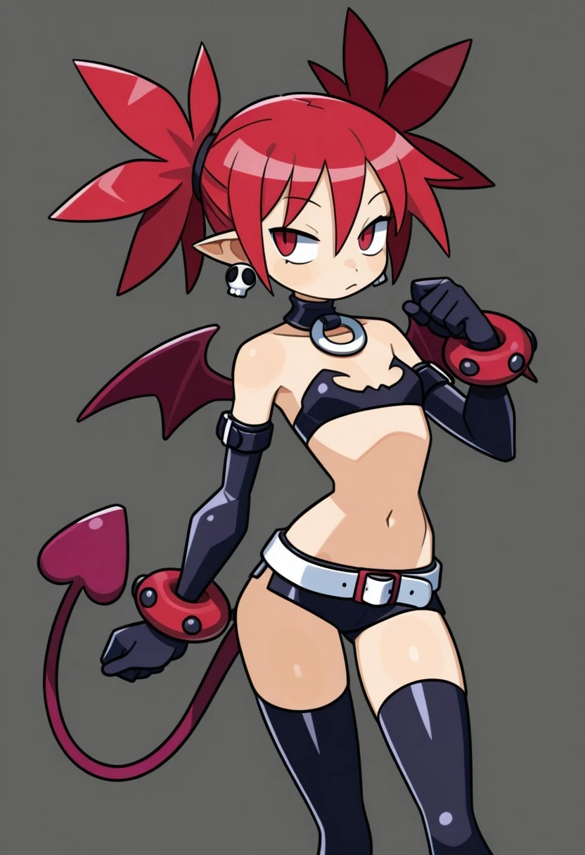 Etna, red hair, twintails, pointy ears , flat chest, gloves, jewelry, choker, thighhighs, black elbow gloves, belt , miniskirt , boots, bare shoulders, midriff, bra, skull earrings, small bat wings on upper back, demon tail, 1girl, solo, facing viewer, looking down at viewer, laugh at,too evil smile,too evil smirk,looking down at viewer,upper body,smile bad,deep shaded face,evil fall,latex elbow gloves,latex thighhigh boots,
