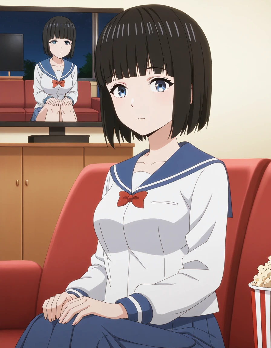 masterpiece, best quality, amazing quality,, <lora:kukumi-ureshino-s1-illustriousxl-lora-nochekaiser:1>, kukumi ureshino, short hair, blue eyes, black hair, blunt bangs, bob cut, mature female, medium breasts, anime screencap, shirt, skirt, long sleeves, bow, collarbone, white shirt, pleated skirt, serafuku, bowtie, sailor collar, red bow, blue skirt, blue sailor collar, red bowtie,, hands on own knees, living room, television, couch, popcorn, watching movie, night time, sitting, cowboy shot, solo, looking at viewer,