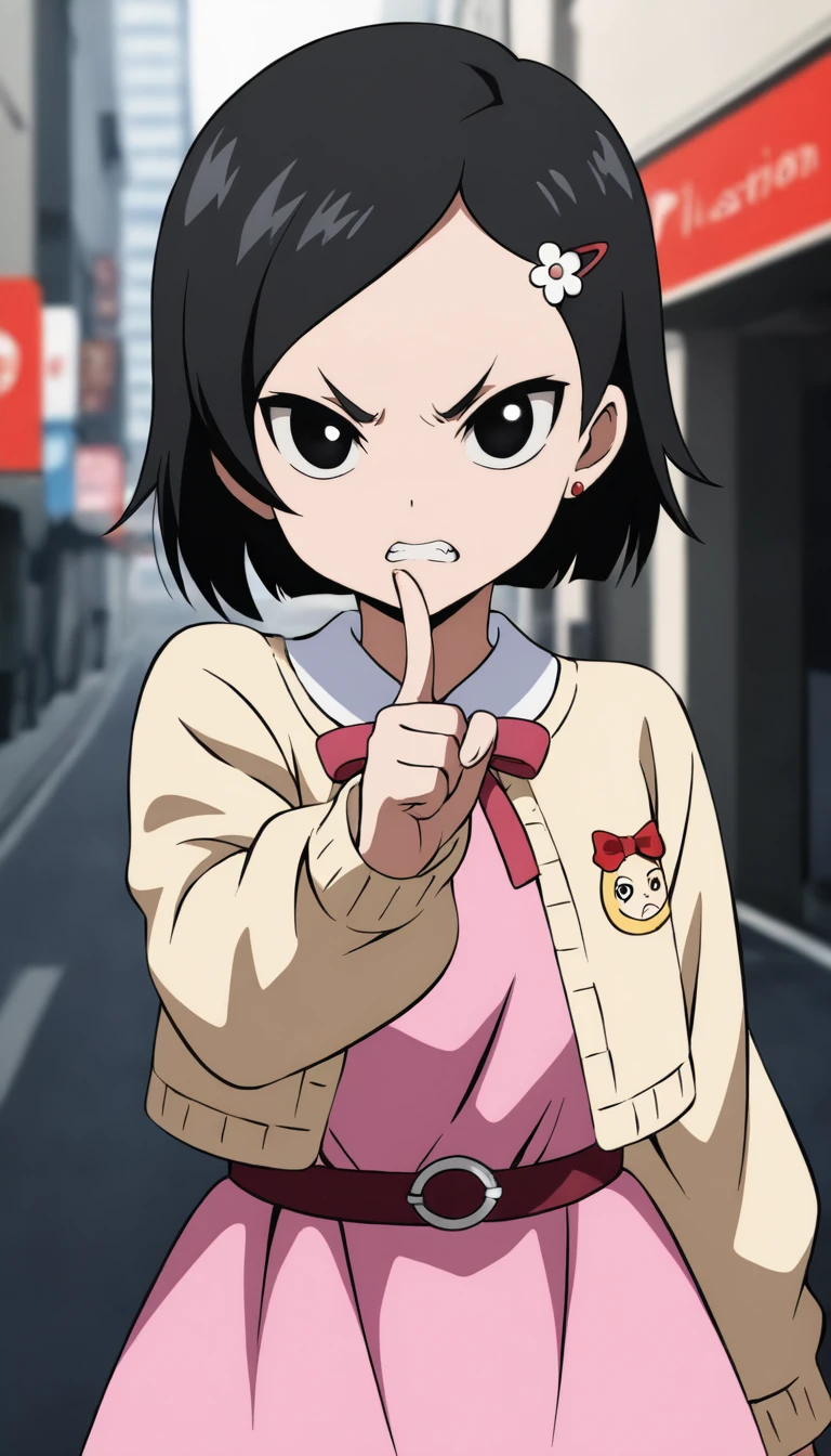 opmzenko, 1girl, solo, black hair, short hair, black eyes, hair ornament, hairclip, pink dress, beige cardigan, upper body, outdoors, points finger at the viewer, looking at viewer, angry, clenched teeth, very detailed, intricate, elegant, extremely sharp focus, professional still, cinematic, highly saturated colors, surreal background