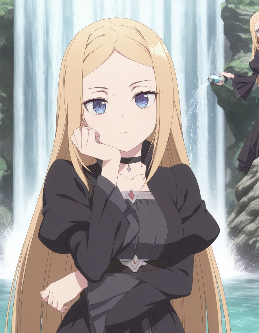 masterpiece, best quality, amazing quality,, <lora:elsa-notis-s1-illustriousxl-lora-nochekaiser:1>, elsa notis, long hair, blonde hair, very long hair, blue eyes, parted bangs, mature female, medium breasts, anime screencap, long sleeves, dress, collarbone, choker, puffy sleeves, black dress, black choker, juliet sleeves, head rest, waterfall, water, rocks, plunge, spray, cowboy shot, solo, looking at viewer,